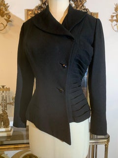 1950s Lilli Ann Black Wool Crepe Fitted Asymmetrical Suit Jacket w Gathered Side