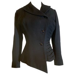 1950s Lilli Ann Black Wool Crepe Fitted Asymmetrical Suit Jacket w Gathered Side