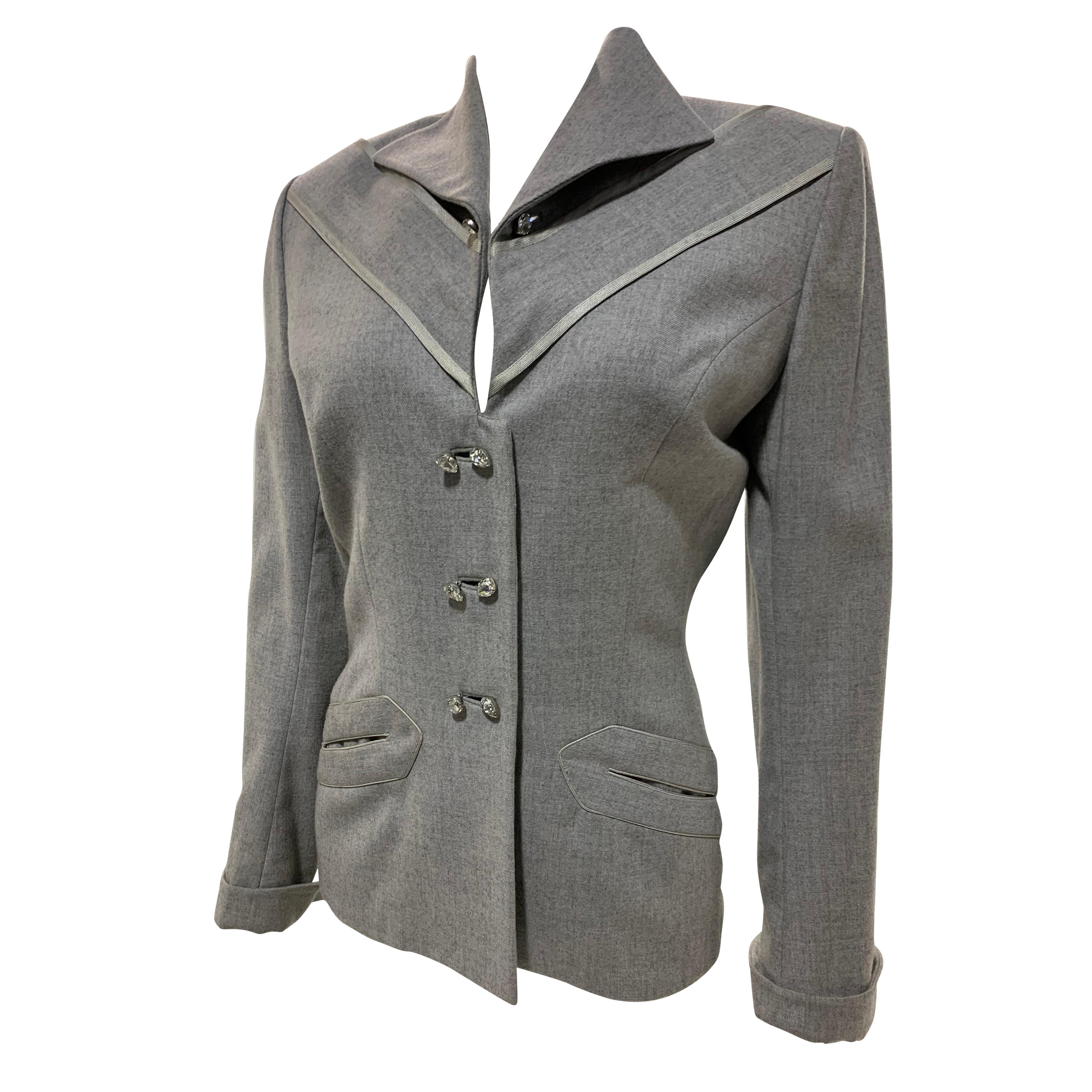 Años 50 Lilli Ann Chaqueta de lana gris jaspeada con botones joya y ribetes de raso en venta