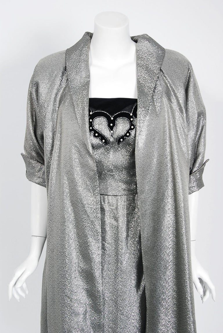 Vintage 1950's Lilli Diamond Silver Lamé Beaded Strapless Dress and Swing Jacket For Sale 3