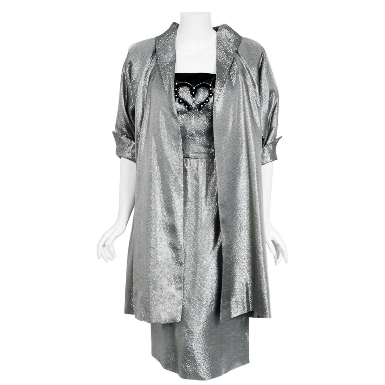 1950's Lilli Diamond Metallic Silver Lamé Beaded Strapless Dress & Swing Jacket