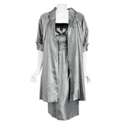 1950's Lilli Diamond Metallic Silver Lamé Beaded Strapless Dress & Swing Jacket