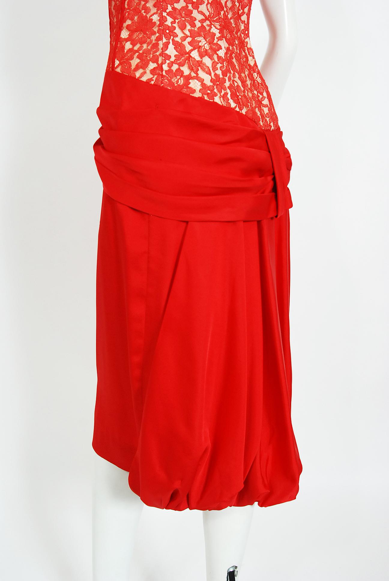 Vintage 1950s Lilli Diamond Red Silk Lace Illusion Draped Hourglass Pin-Up Dress In Good Condition In Beverly Hills, CA