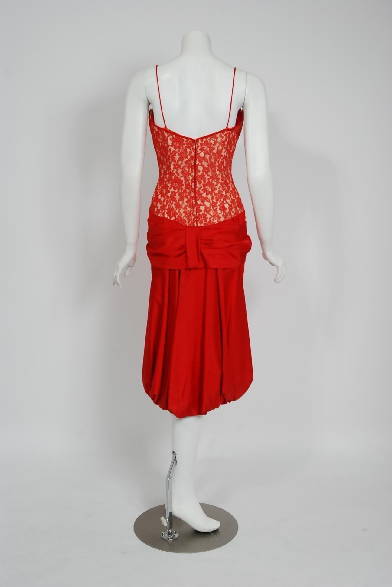 Vintage 1950s Lilli Diamond Red Silk Lace Illusion Draped Hourglass Pin-Up Dress 2
