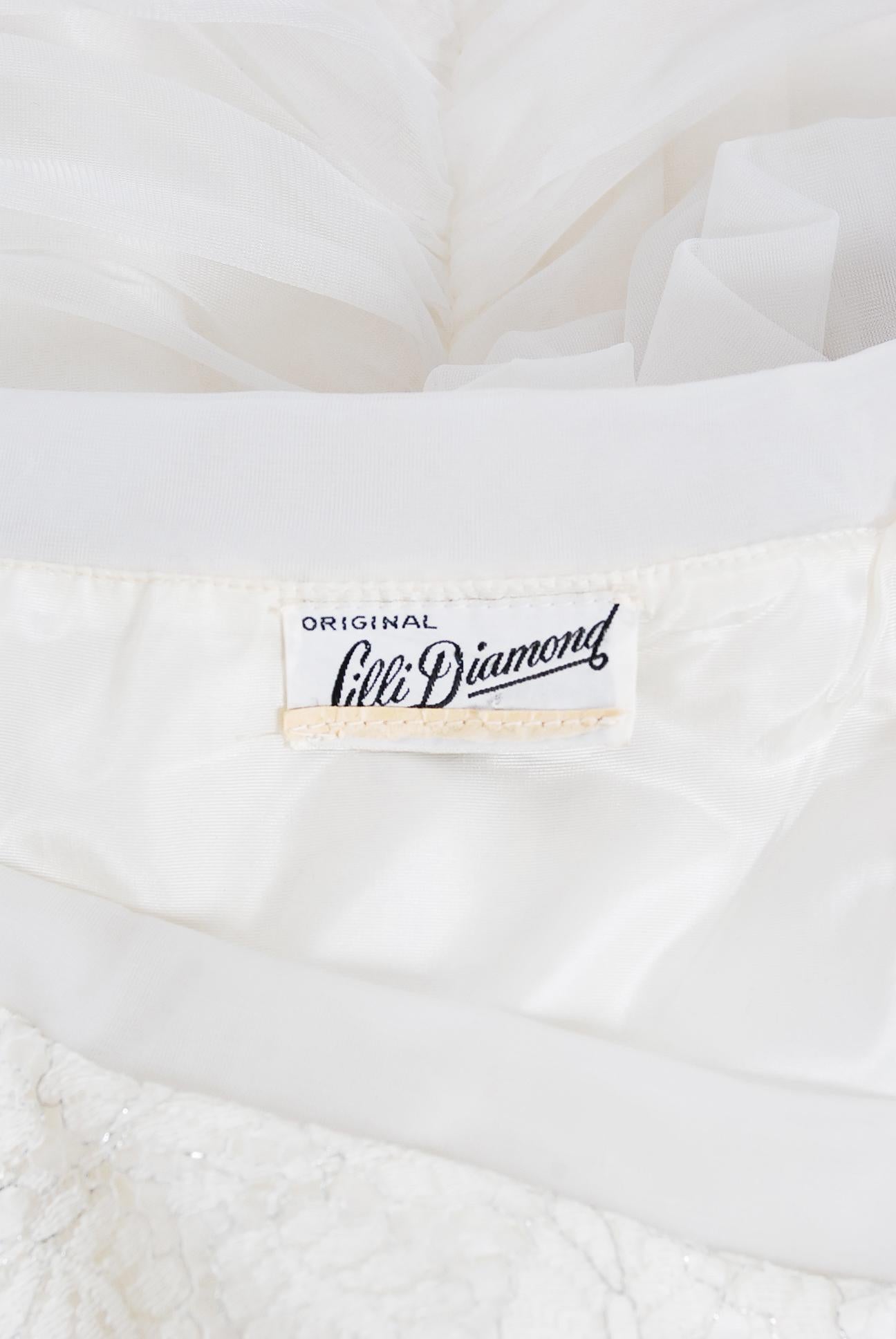 Vintage 1950's Lilli Diamond White Chiffon & Metallic Lace Ruched Cocktail Dress 2