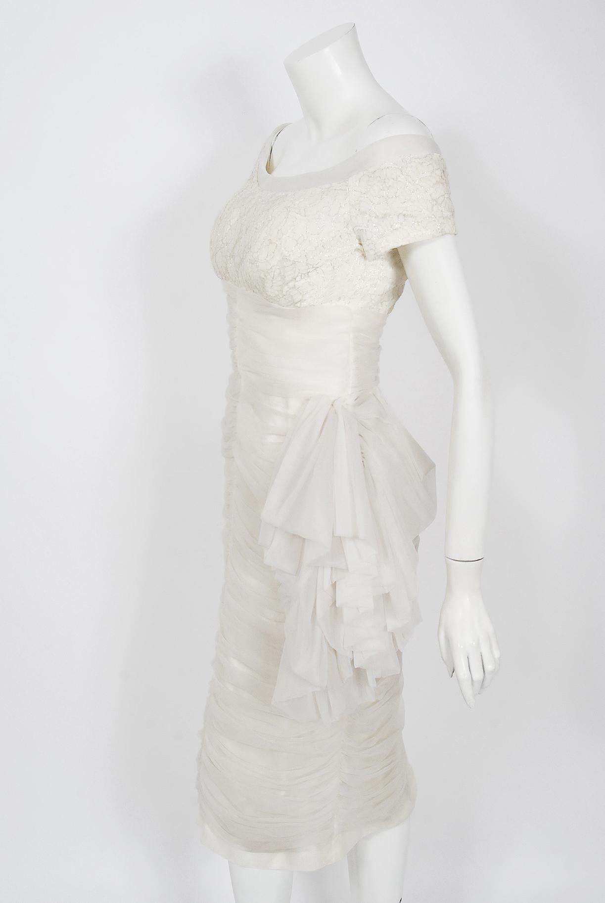 Gray Vintage 1950's Lilli Diamond White Chiffon & Metallic Lace Ruched Cocktail Dress