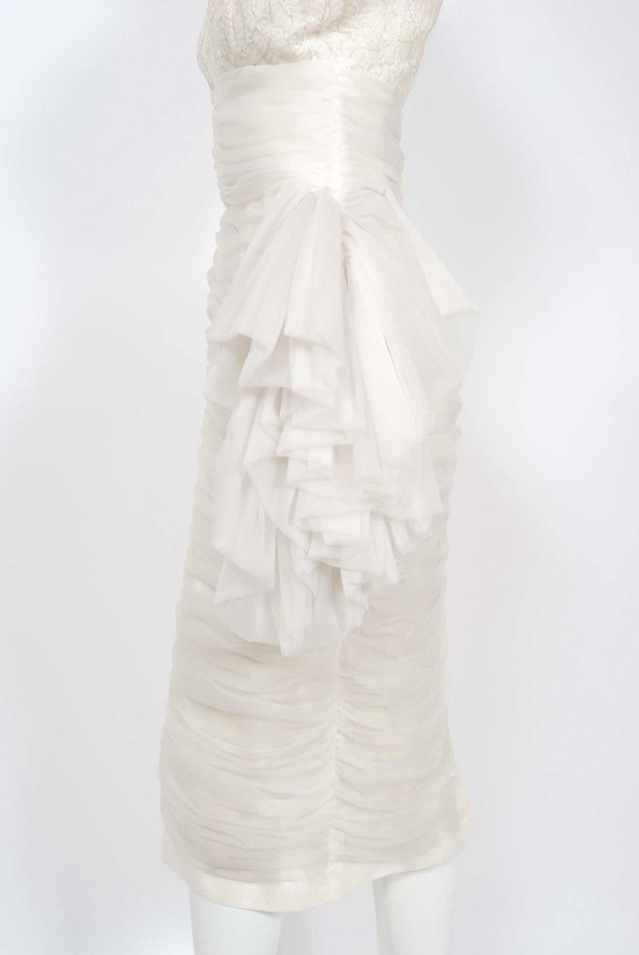 Vintage 1950's Lilli Diamond White Chiffon & Metallic Lace Ruched Cocktail Dress In Good Condition In Beverly Hills, CA