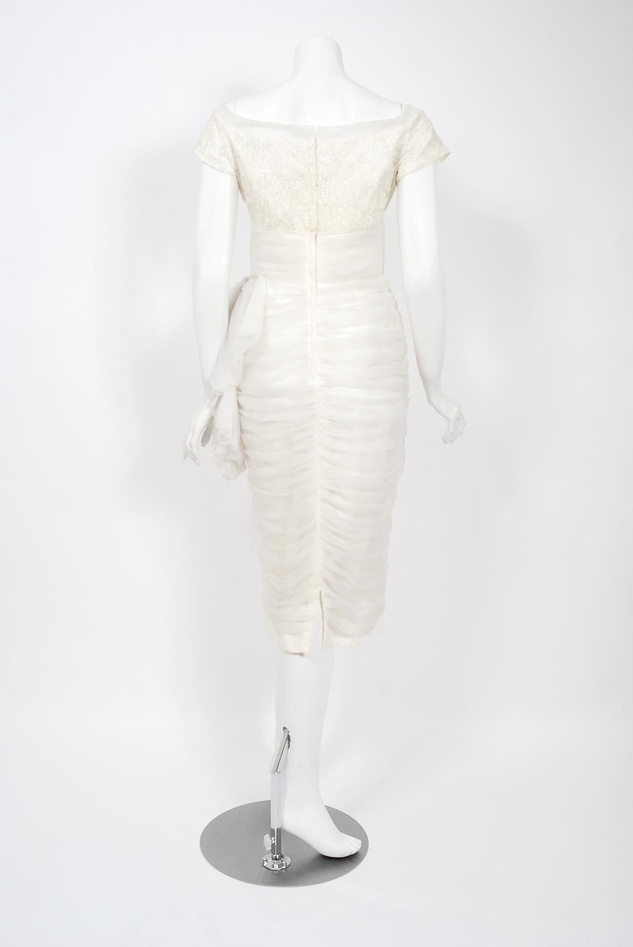 Women's Vintage 1950's Lilli Diamond White Chiffon & Metallic Lace Ruched Cocktail Dress