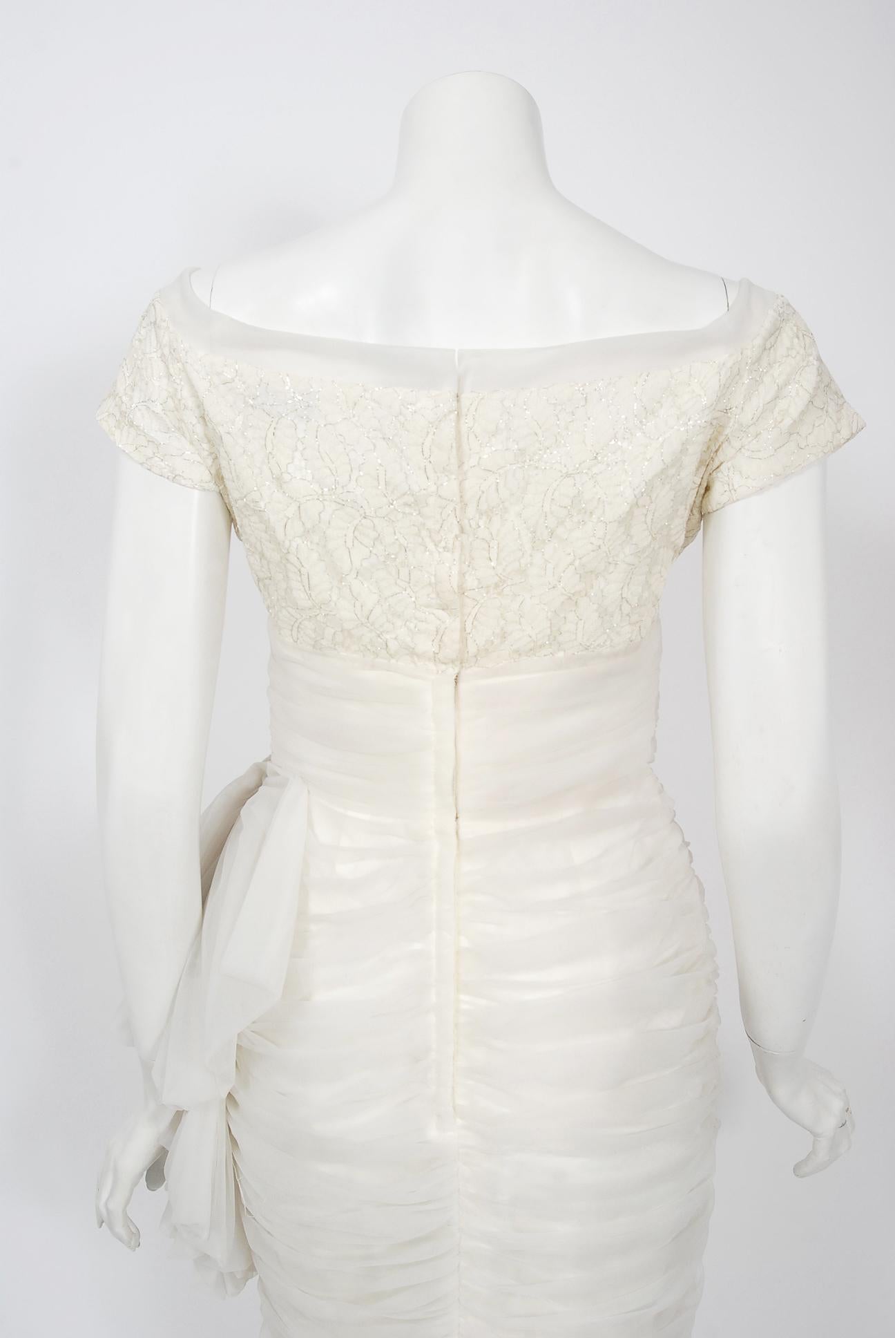Vintage 1950's Lilli Diamond White Chiffon & Metallic Lace Ruched Cocktail Dress 1
