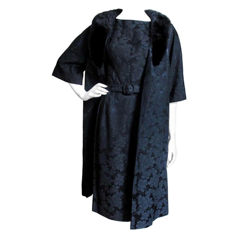 Lillie Rubin New 1950s Silk Damask Dress and Mink Collar Coat Set