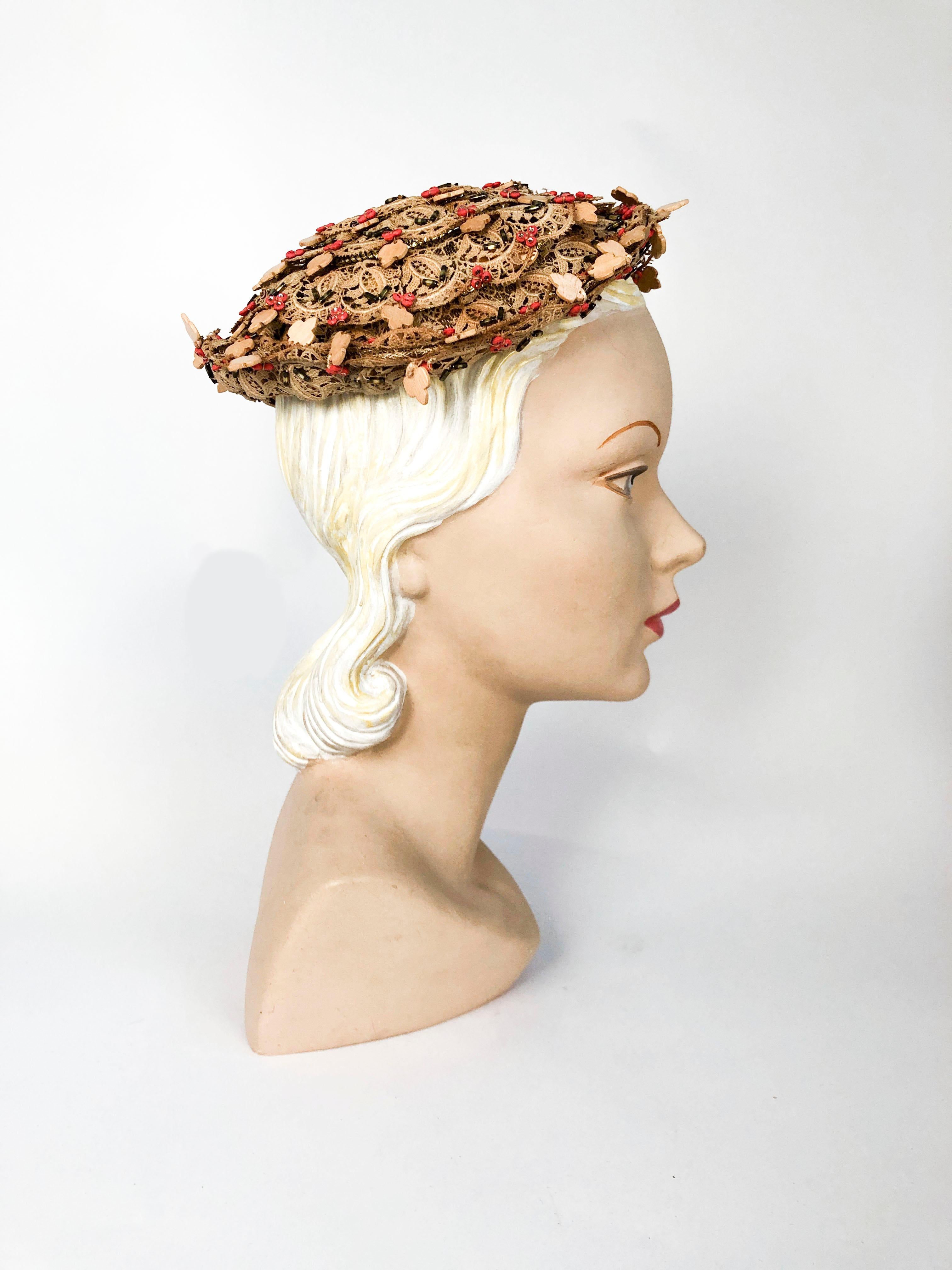 Gray 1950's Lilly Daché Khaki Beaded Lace Hat For Sale