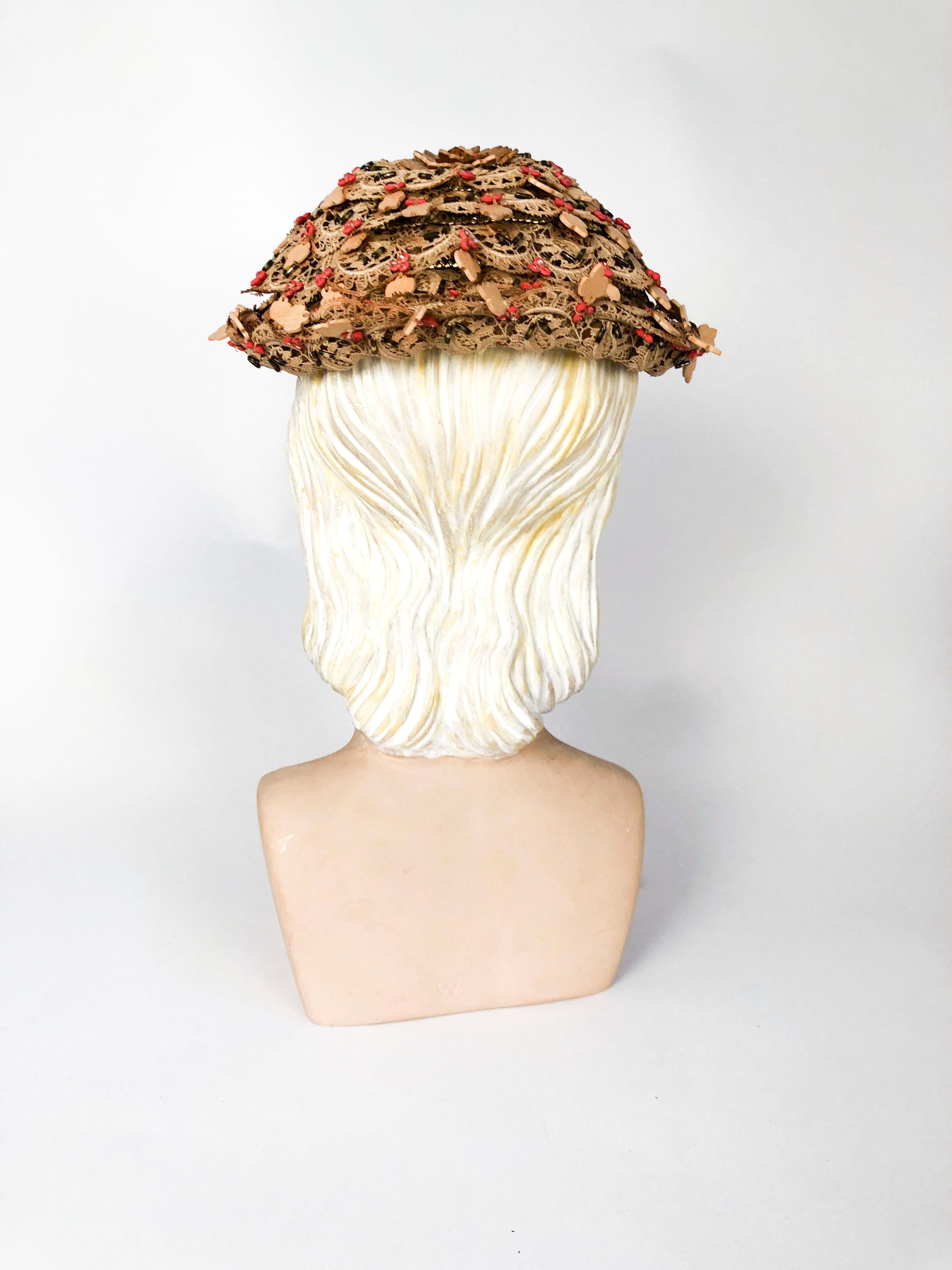 1950's Lilly Daché Khaki Beaded Lace Hat In Fair Condition For Sale In San Francisco, CA