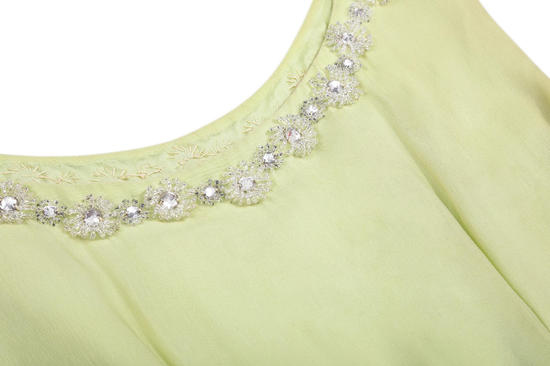 1950s Lime Green Silk Chiffon Beaded Dress In Excellent Condition In London, GB