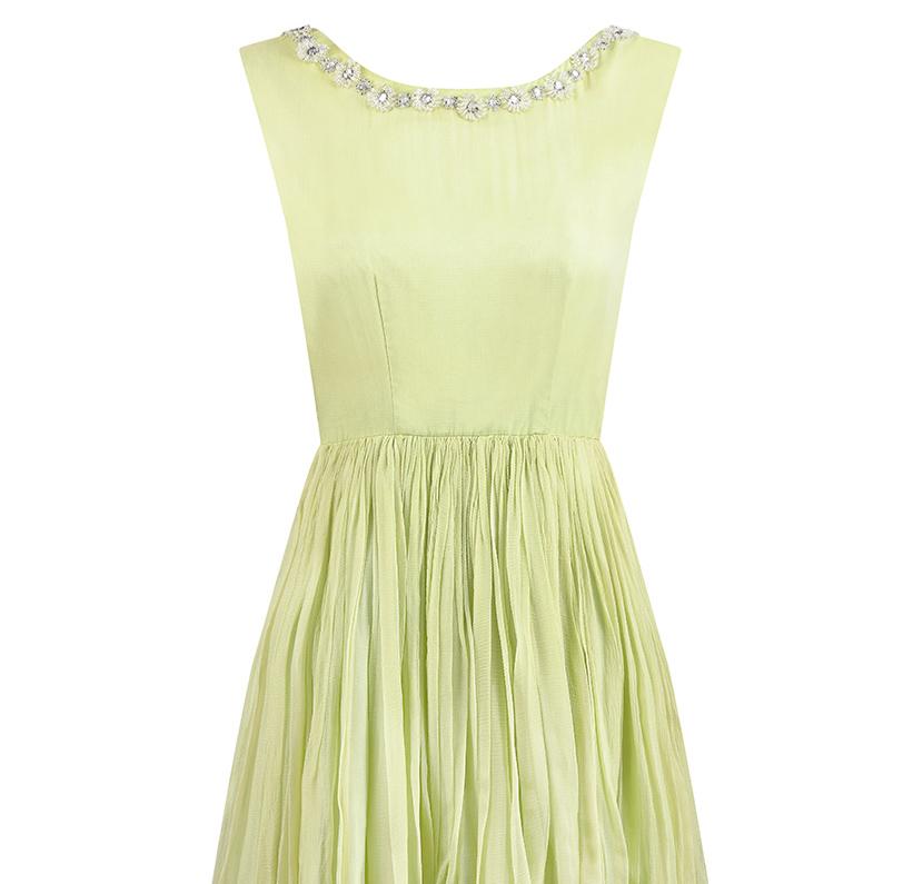 Women's 1950s Lime Green Silk Chiffon Beaded Dress
