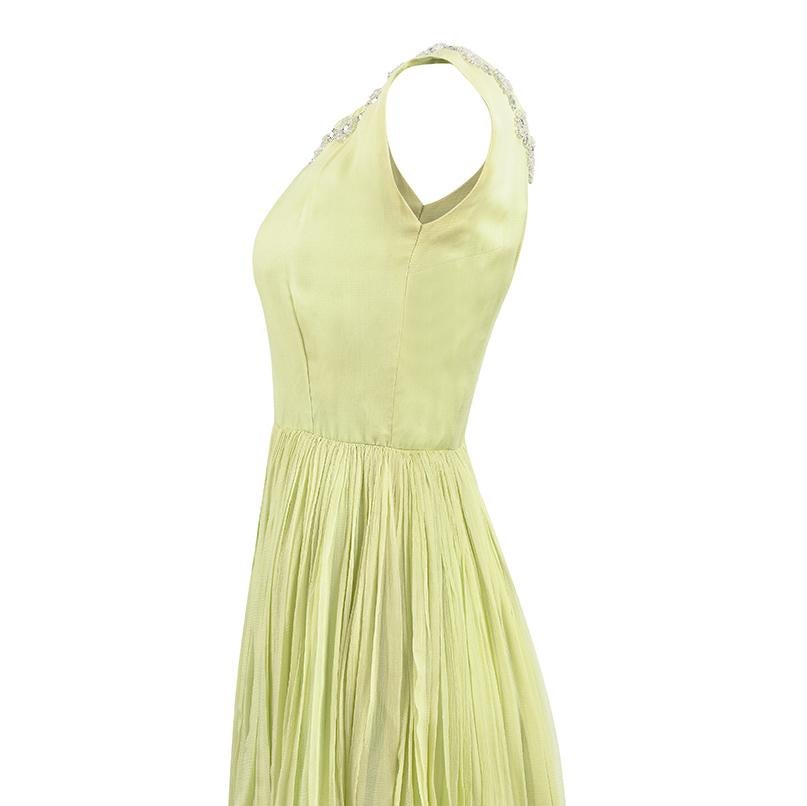1950s Lime Green Silk Chiffon Beaded Dress 1