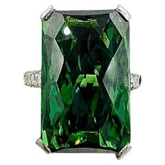 1950s Lime Green Tourmaline Solitaire Diamond Platinum Ring