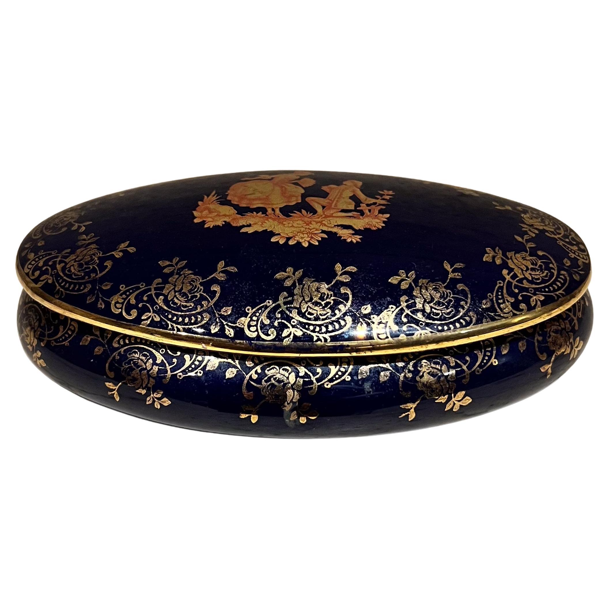 1950 Limoges Plat ovale en porcelaine bleu cobalt or France