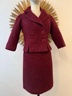 1950s Linda Kinoshita Couture Cranberry Tweed Sheath Dress & Jacket Ensemble