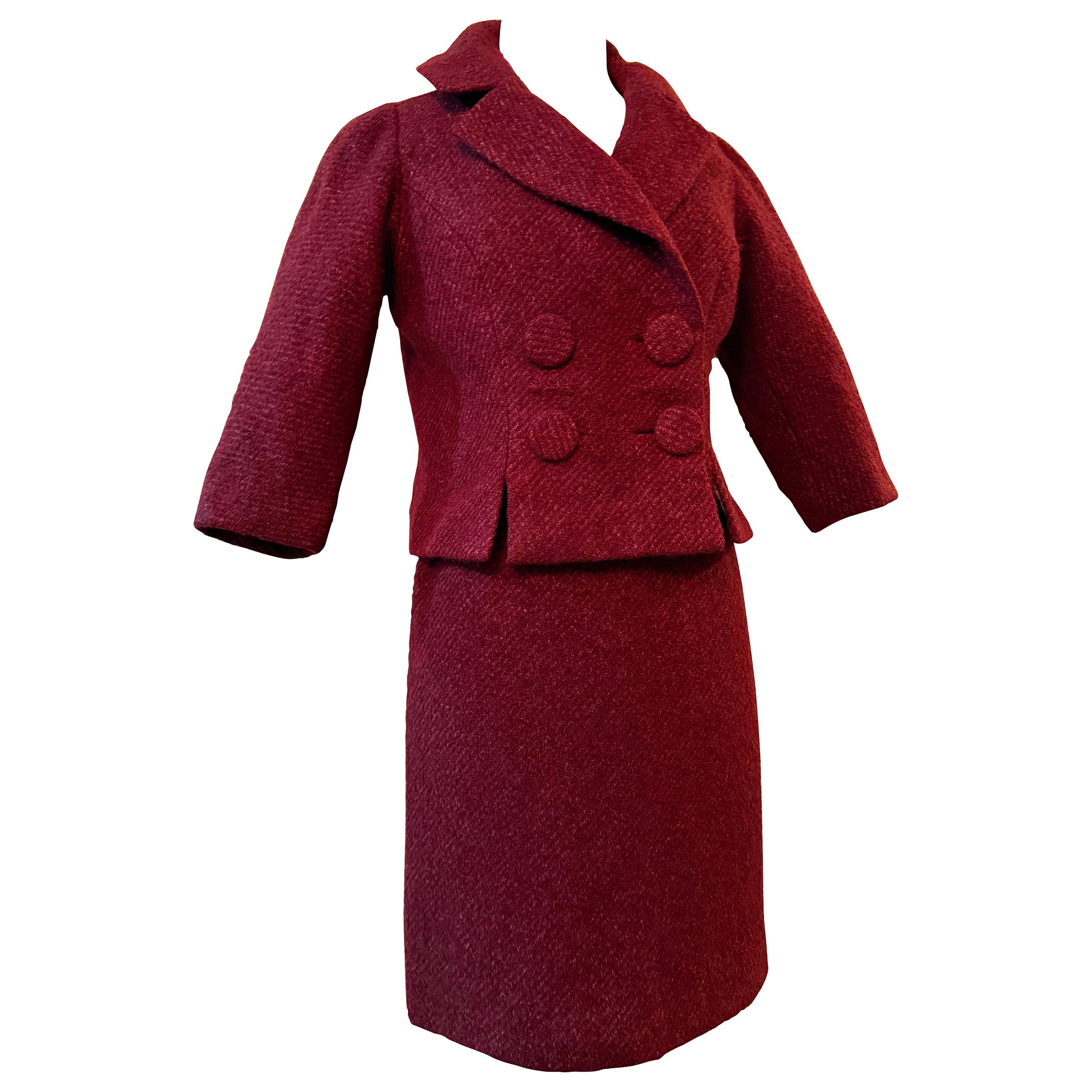 1950s Linda Kinoshita Couture Cranberry Tweed Sheath Dress 
Jacket Ensemble For Sale