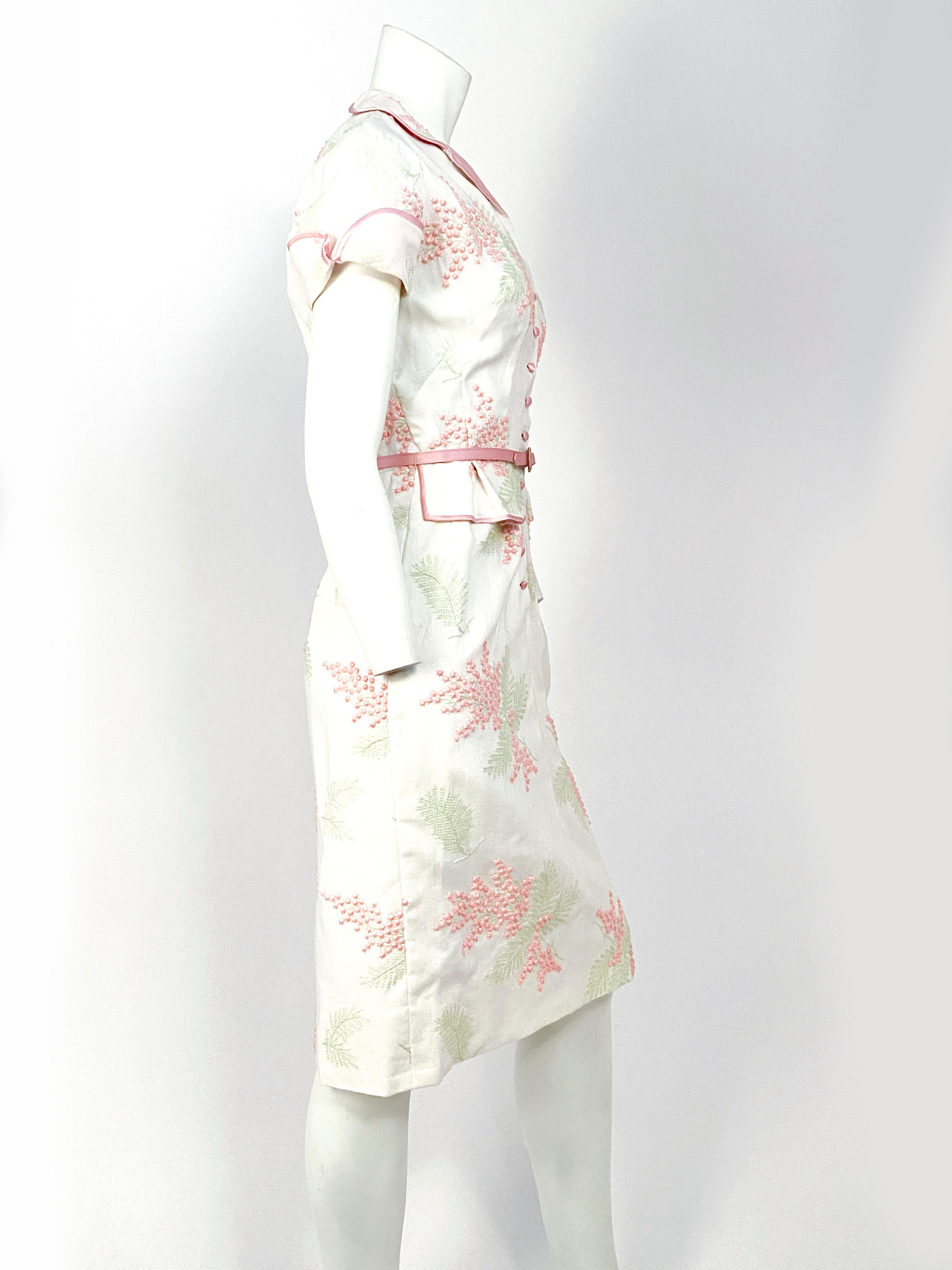 Beige 1950s Linen Floral Embroidered Dress
