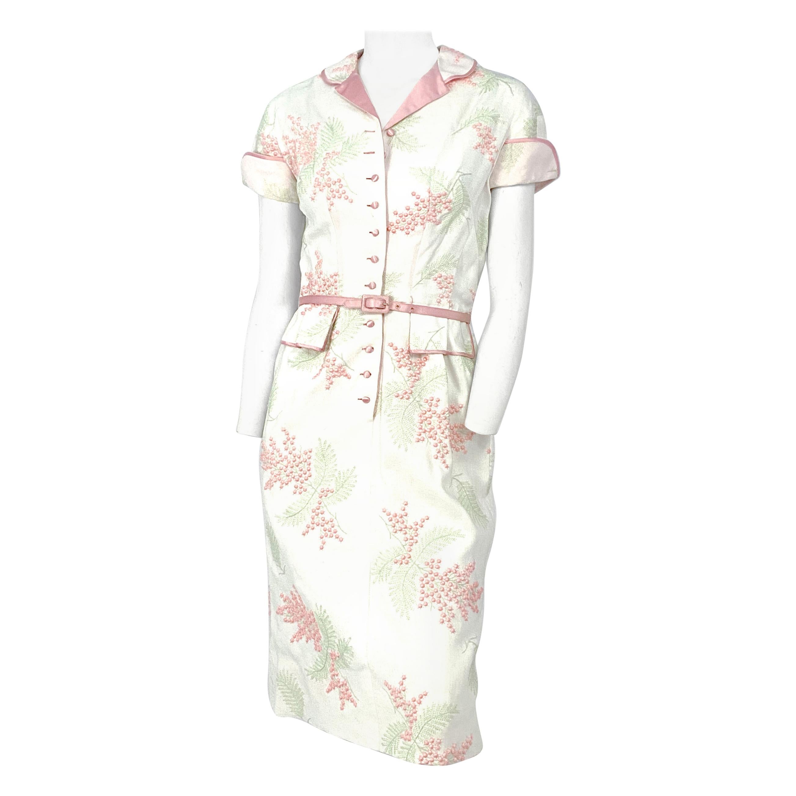 1950s Linen Floral Embroidered Dress