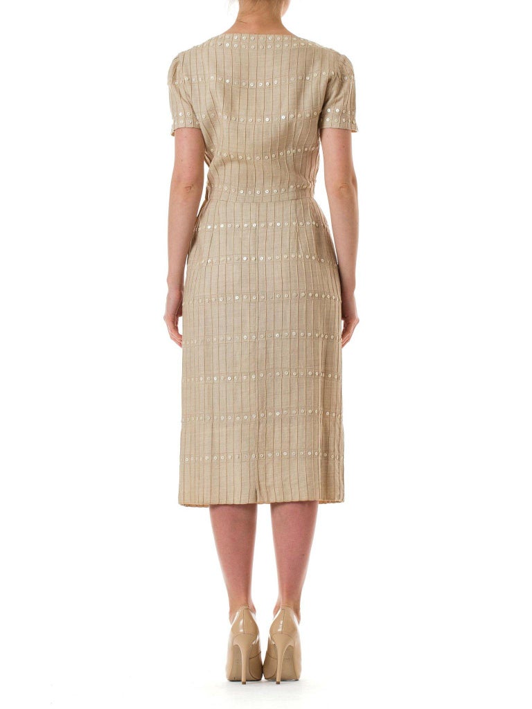 1950S Beige Linen Pintucked Day Dress With Button Embellishment For ...