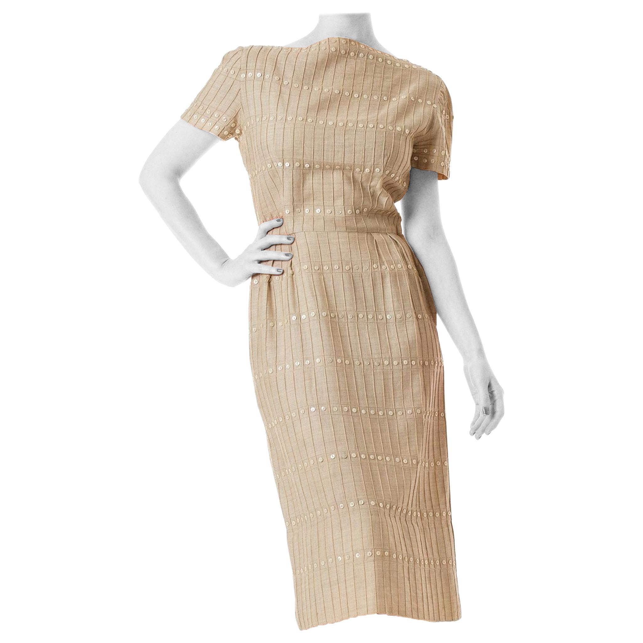1950S Beige Linen Pintucked Day Dress With Button Embellishment For Sale