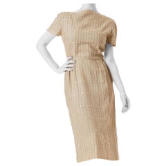 1950S Beige Linen Pintucked Day Dress With Button Embellishment