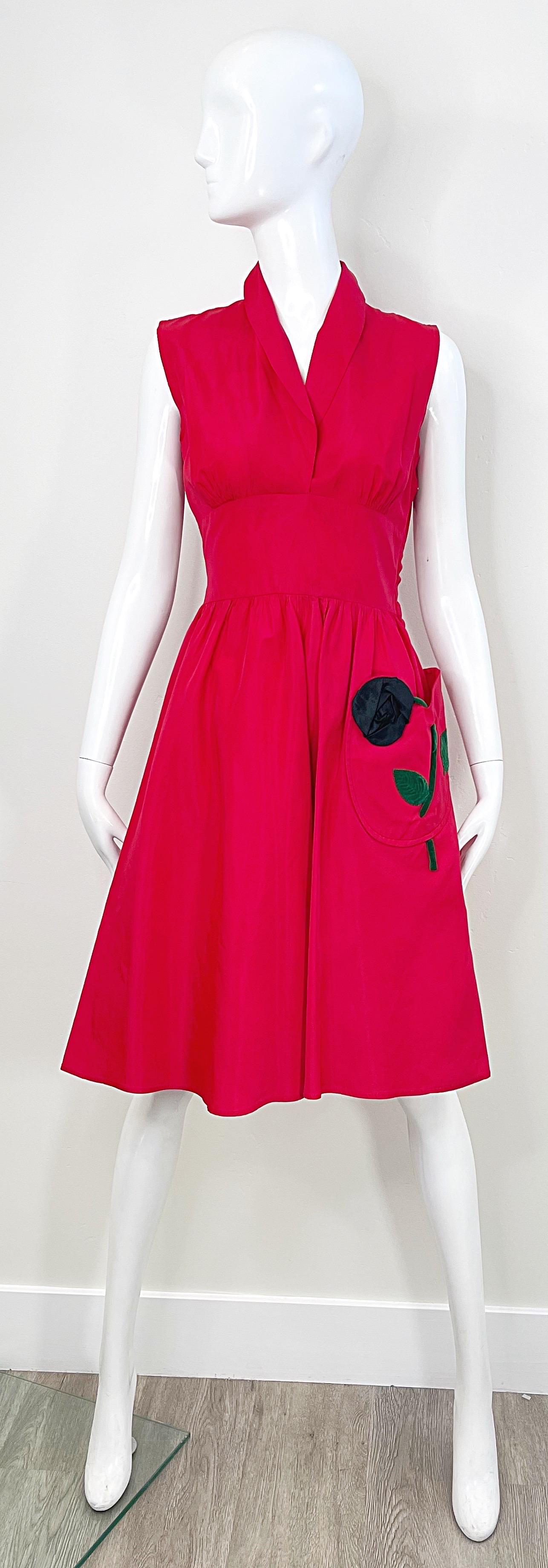 1950s Lipstick Red Silk Taffeta Rose Pocket Appliqué Fit n’ Flare 50s Dress For Sale 6