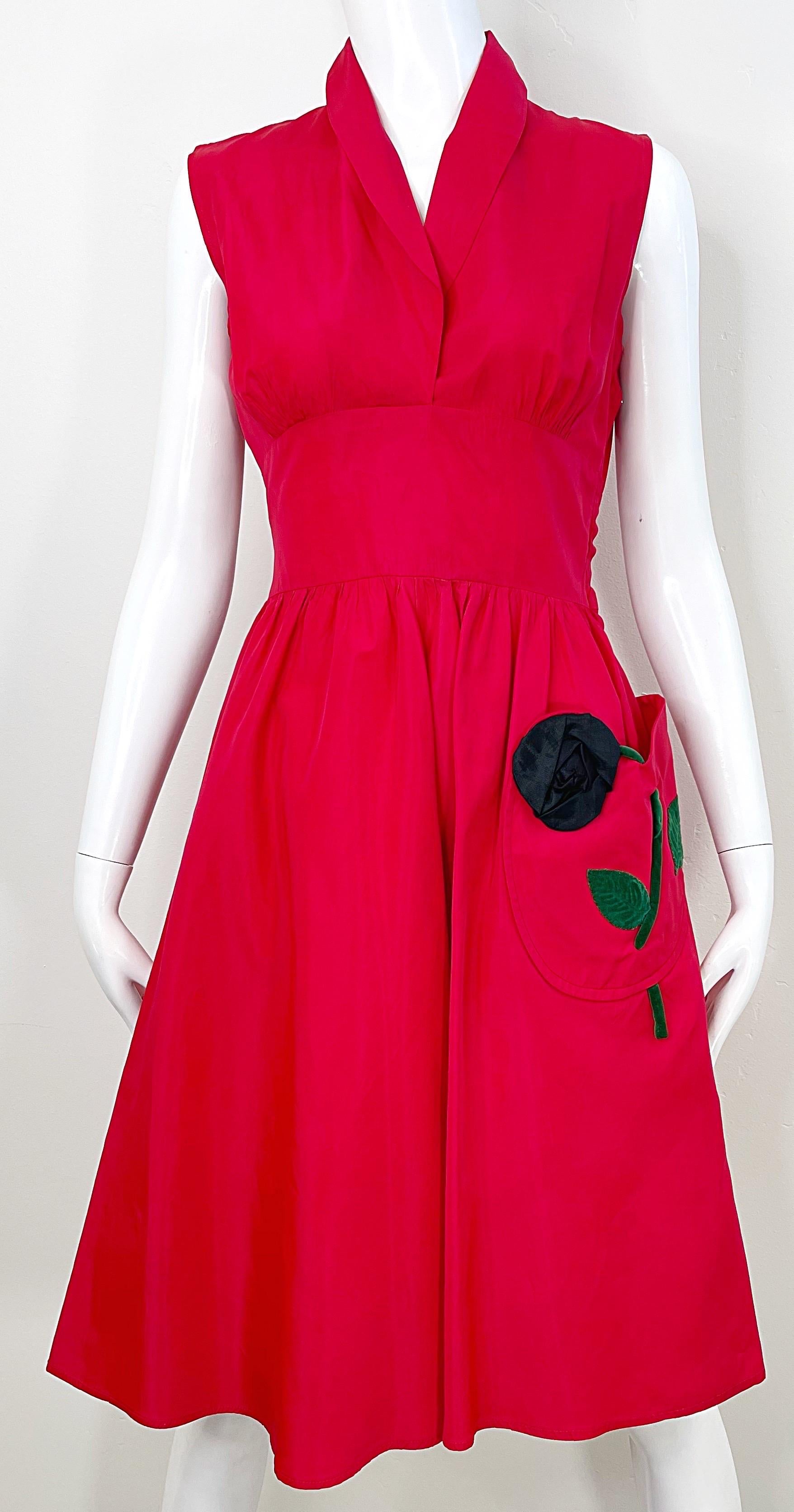 1950s Lipstick Red Silk Taffeta Rose Pocket Appliqué Fit n’ Flare 50s Dress For Sale 1