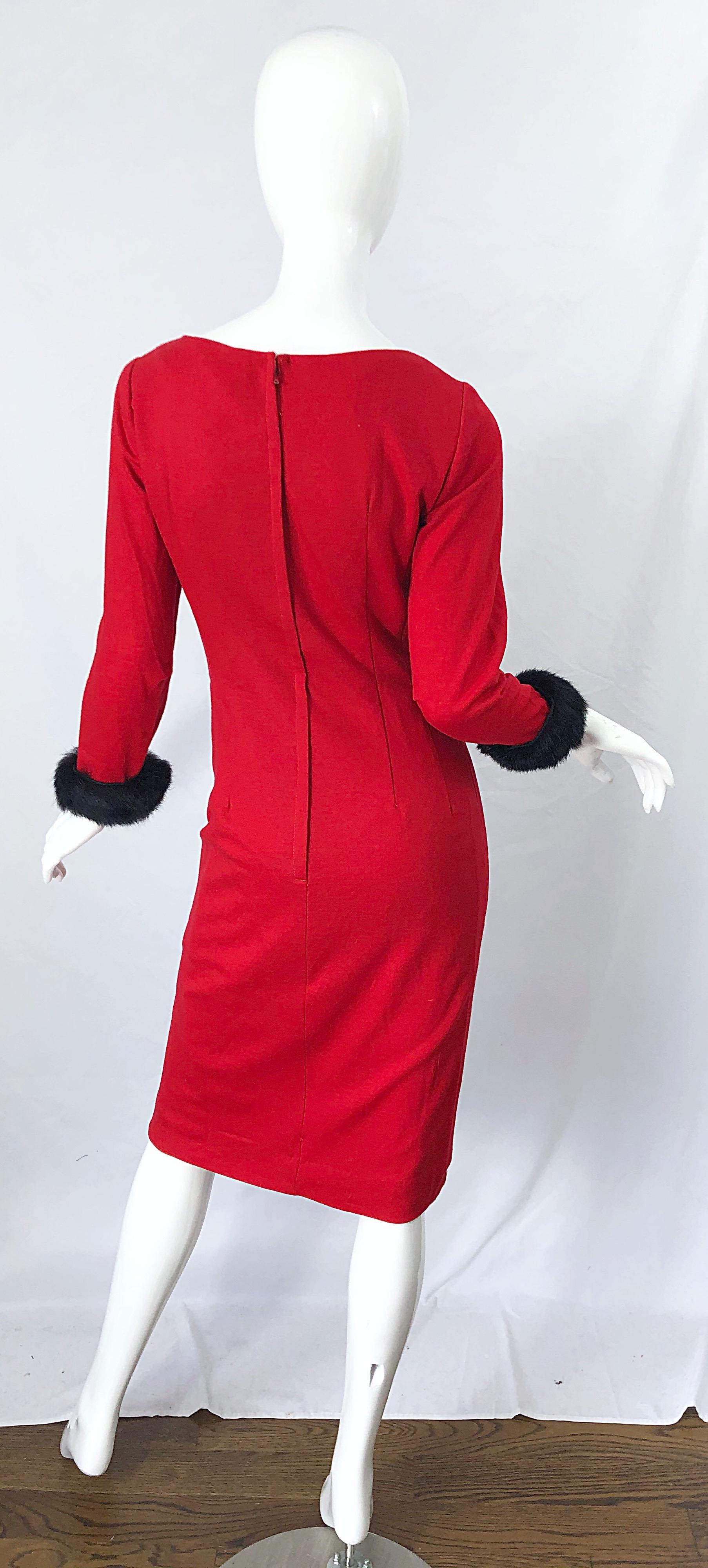 1950s Lipstick Red Wool + Mink Fur Cuffs Vintage 50s Bombshell Long Sleeve Dress 3