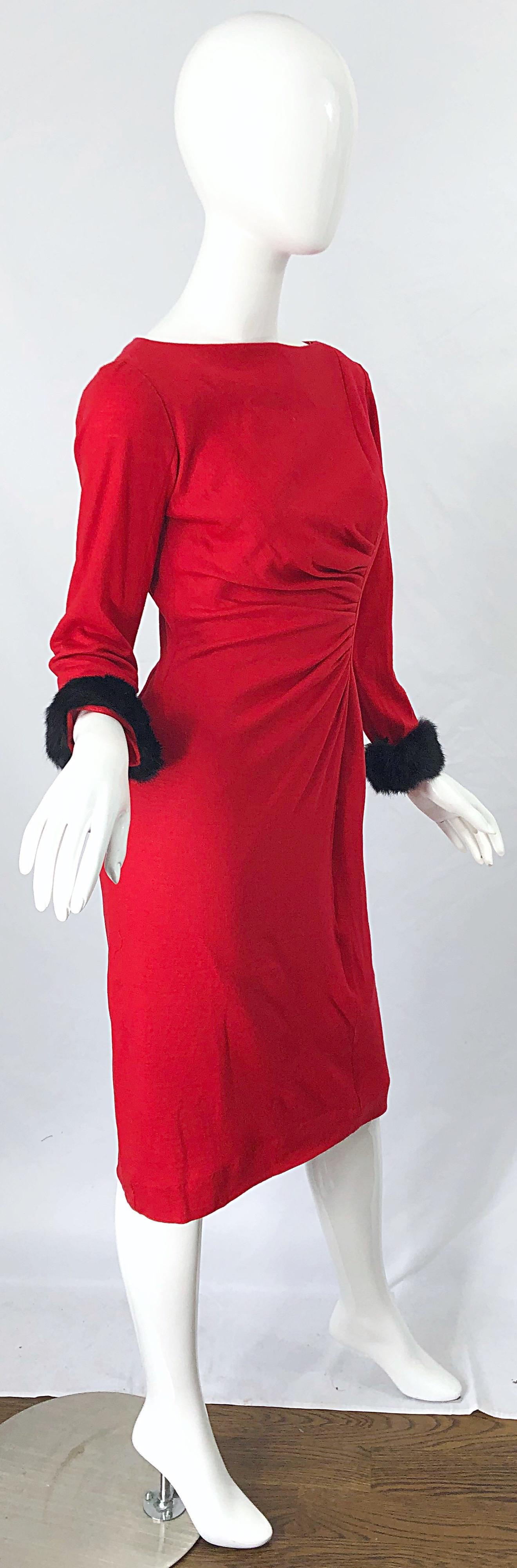 1950s Lipstick Red Wool + Mink Fur Cuffs Vintage 50s Bombshell Long Sleeve Dress 4