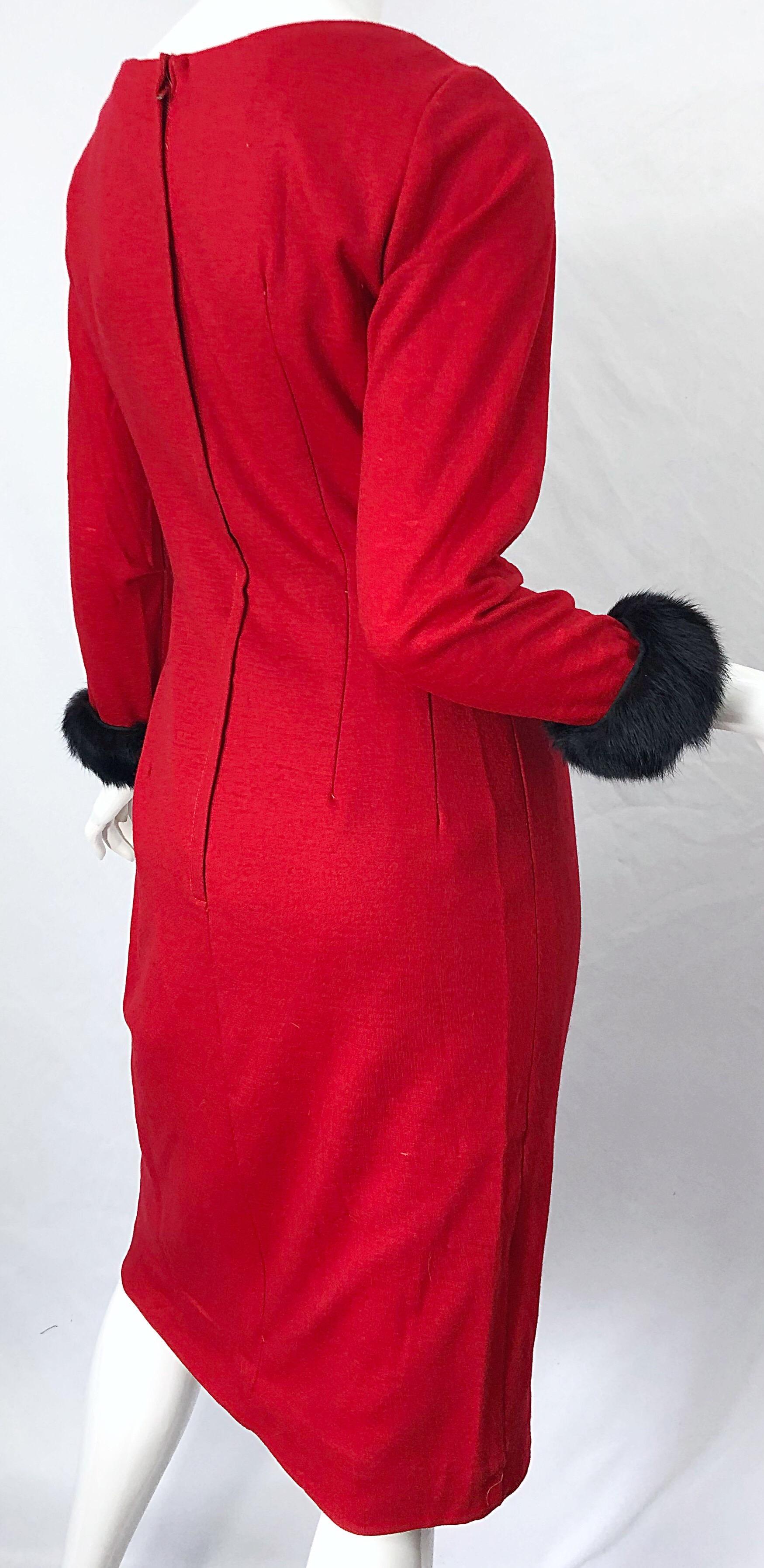 1950s Lipstick Red Wool + Mink Fur Cuffs Vintage 50s Bombshell Long Sleeve Dress 5