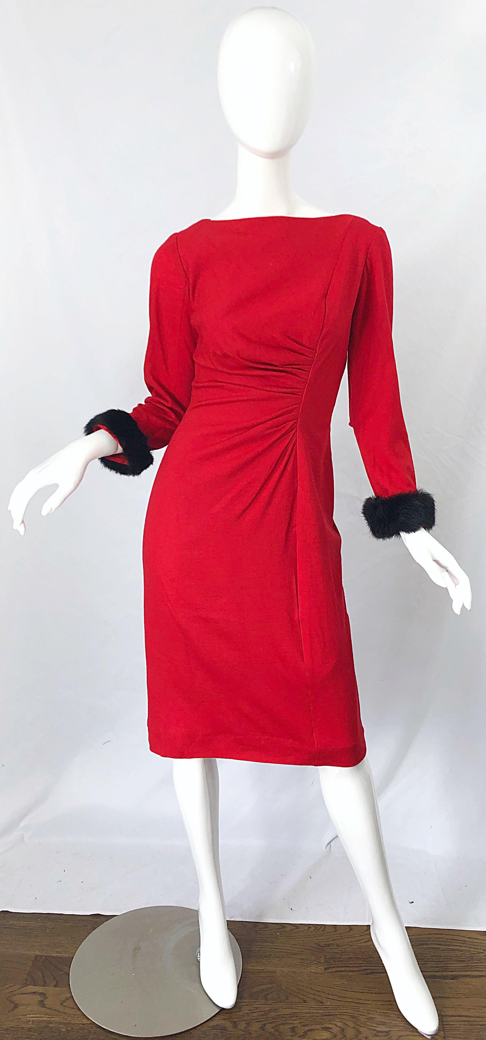 1950s Lipstick Red Wool + Mink Fur Cuffs Vintage 50s Bombshell Long Sleeve Dress 6