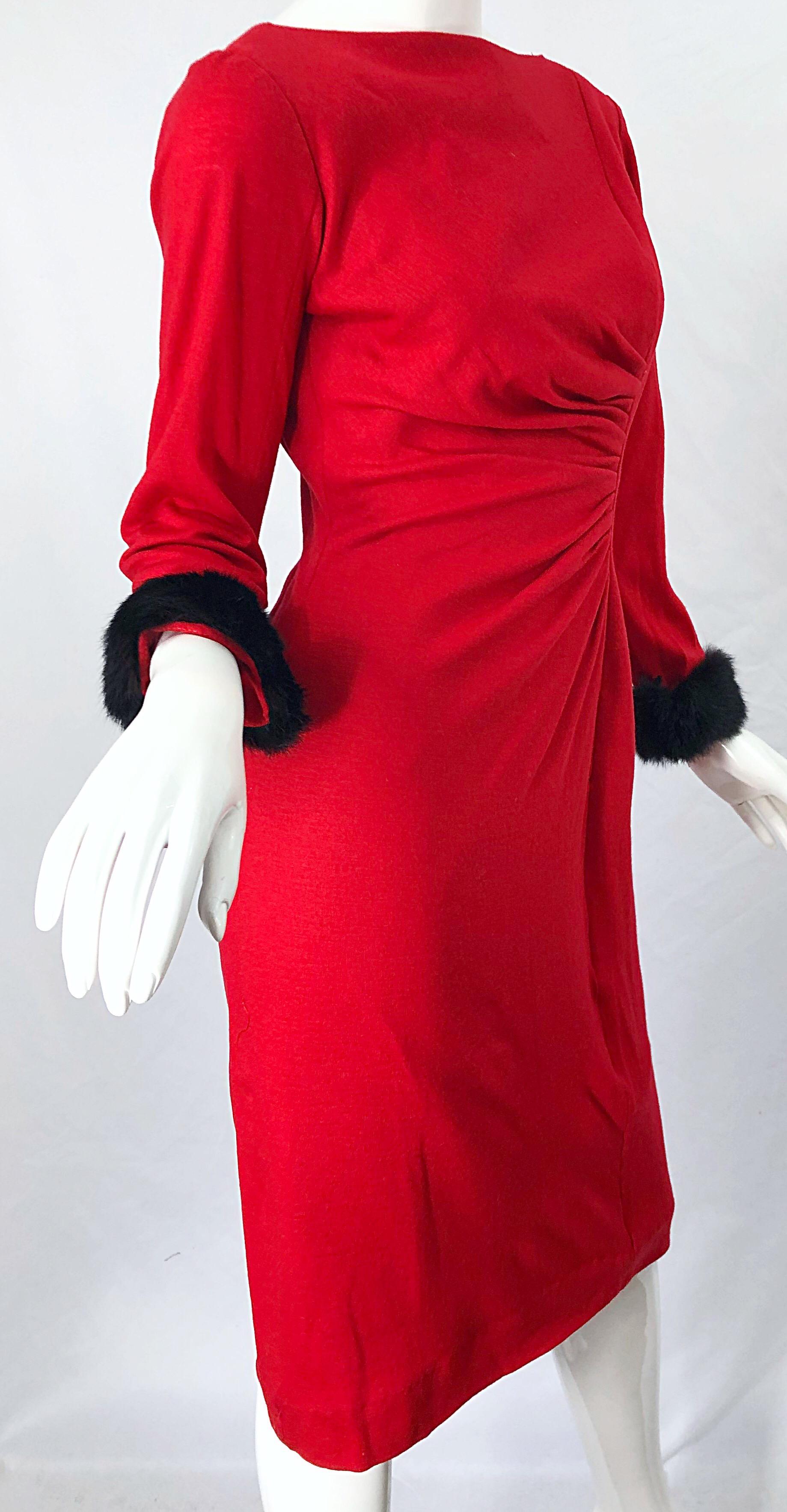 1950s Lipstick Red Wool + Mink Fur Cuffs Vintage 50s Bombshell Long Sleeve Dress In Good Condition In San Diego, CA