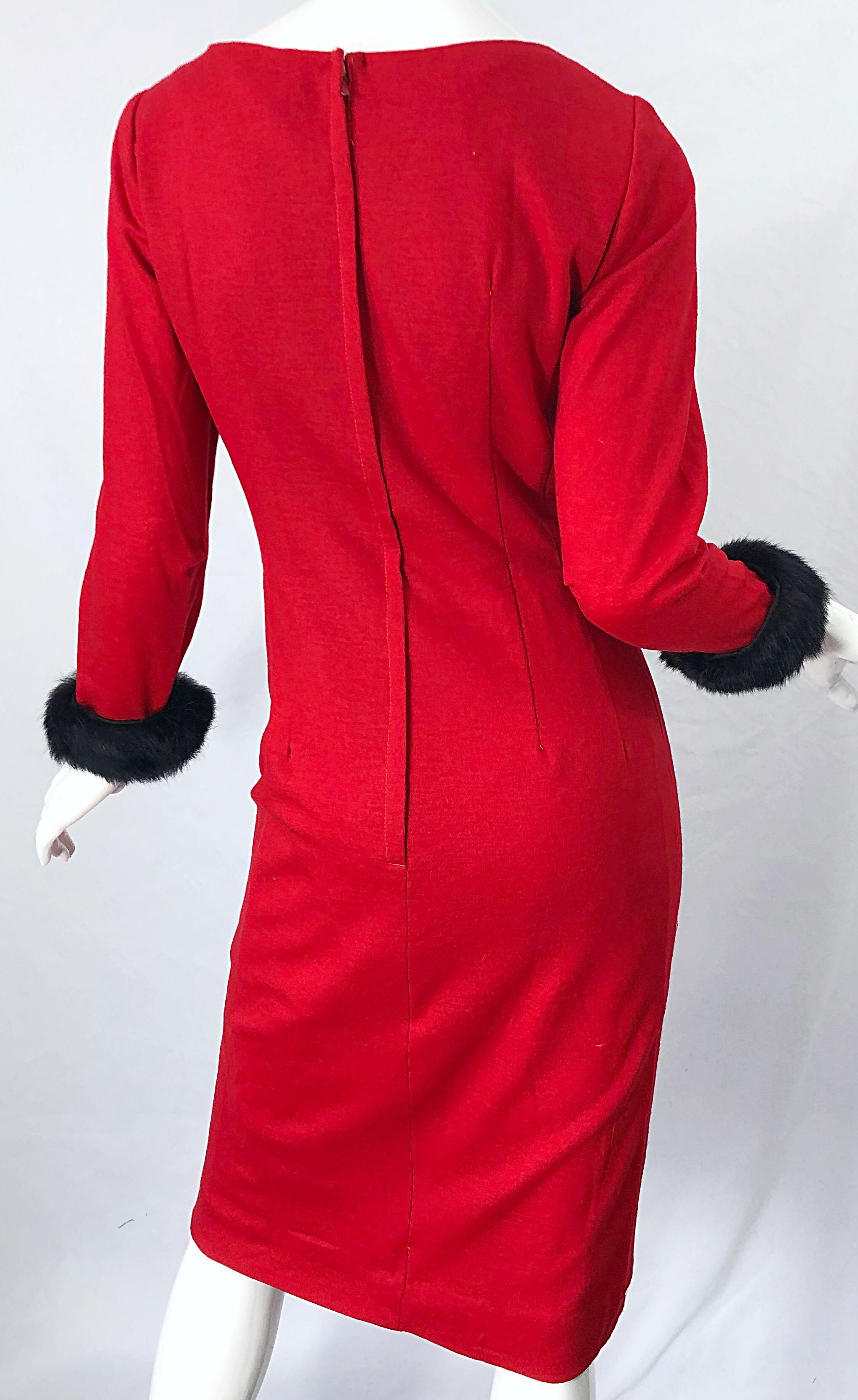 Women's 1950s Lipstick Red Wool + Mink Fur Cuffs Vintage 50s Bombshell Long Sleeve Dress