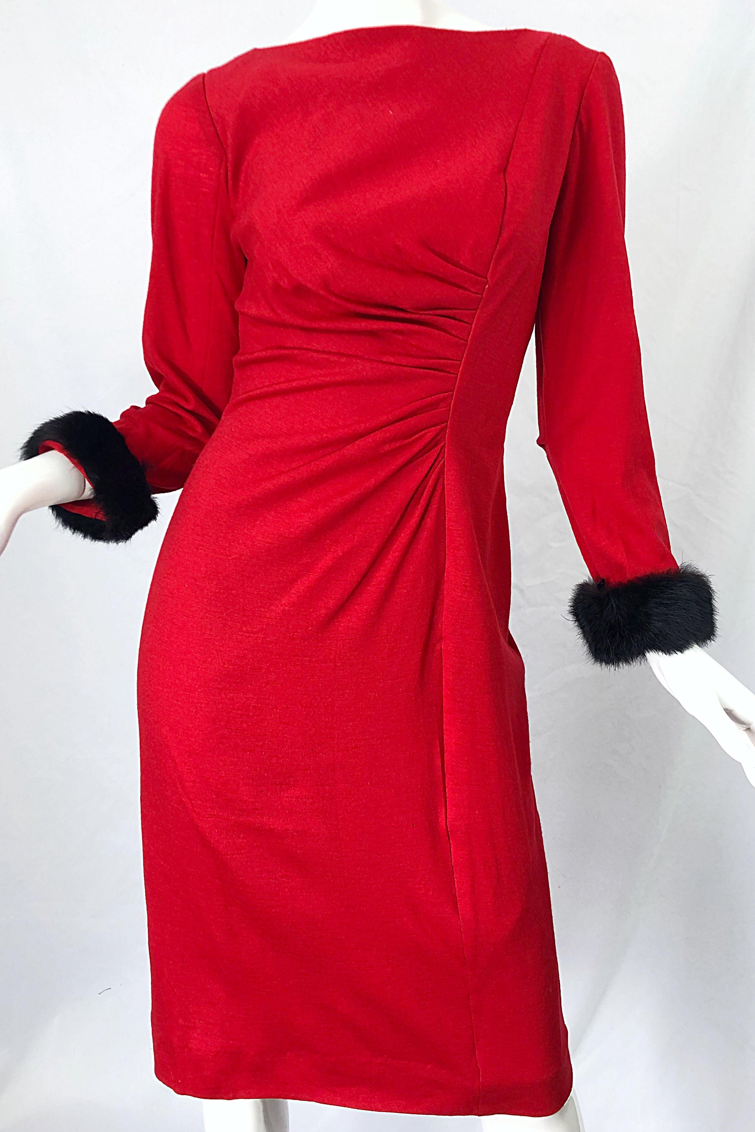 1950s Lipstick Red Wool + Mink Fur Cuffs Vintage 50s Bombshell Long Sleeve Dress 1