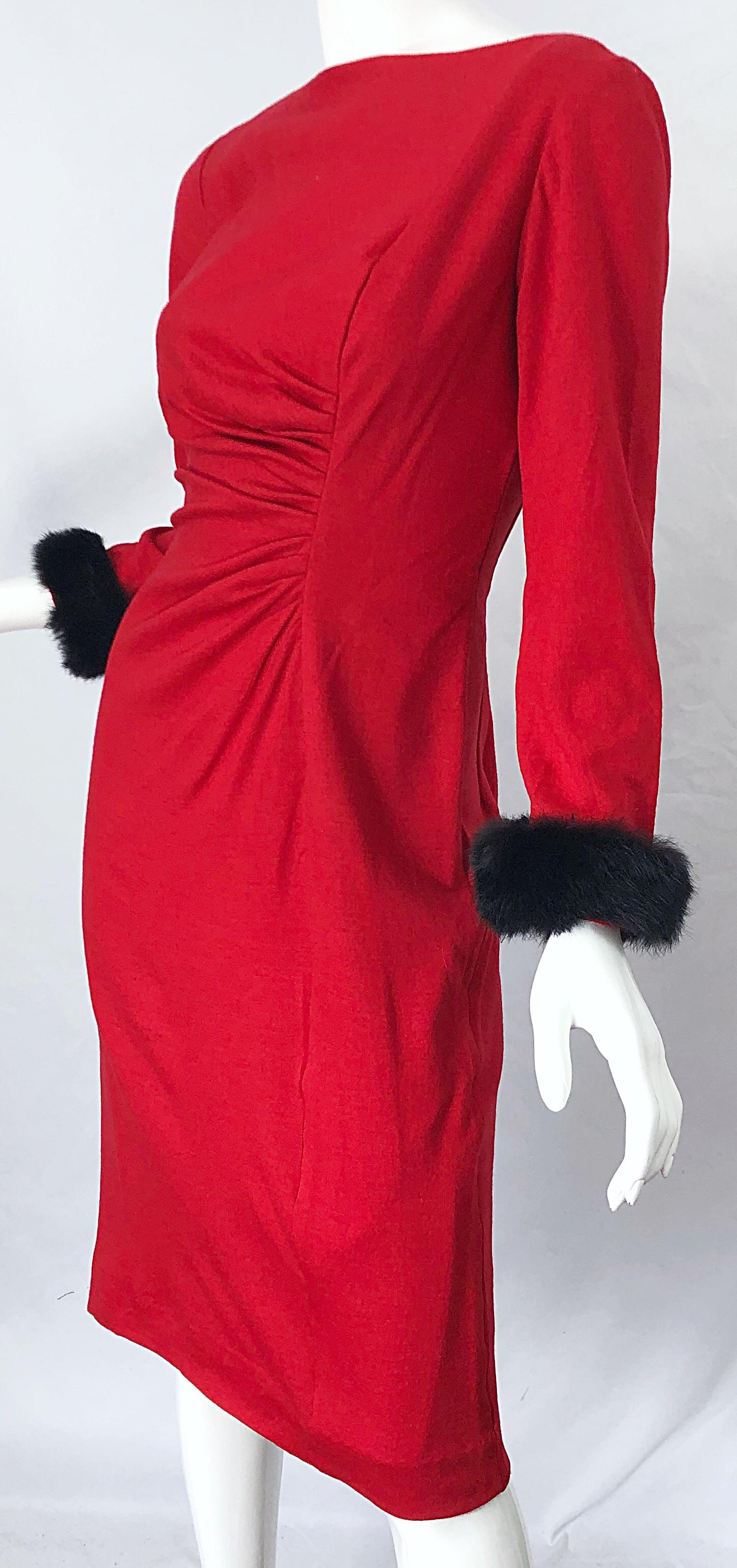 1950s Lipstick Red Wool + Mink Fur Cuffs Vintage 50s Bombshell Long Sleeve Dress 2