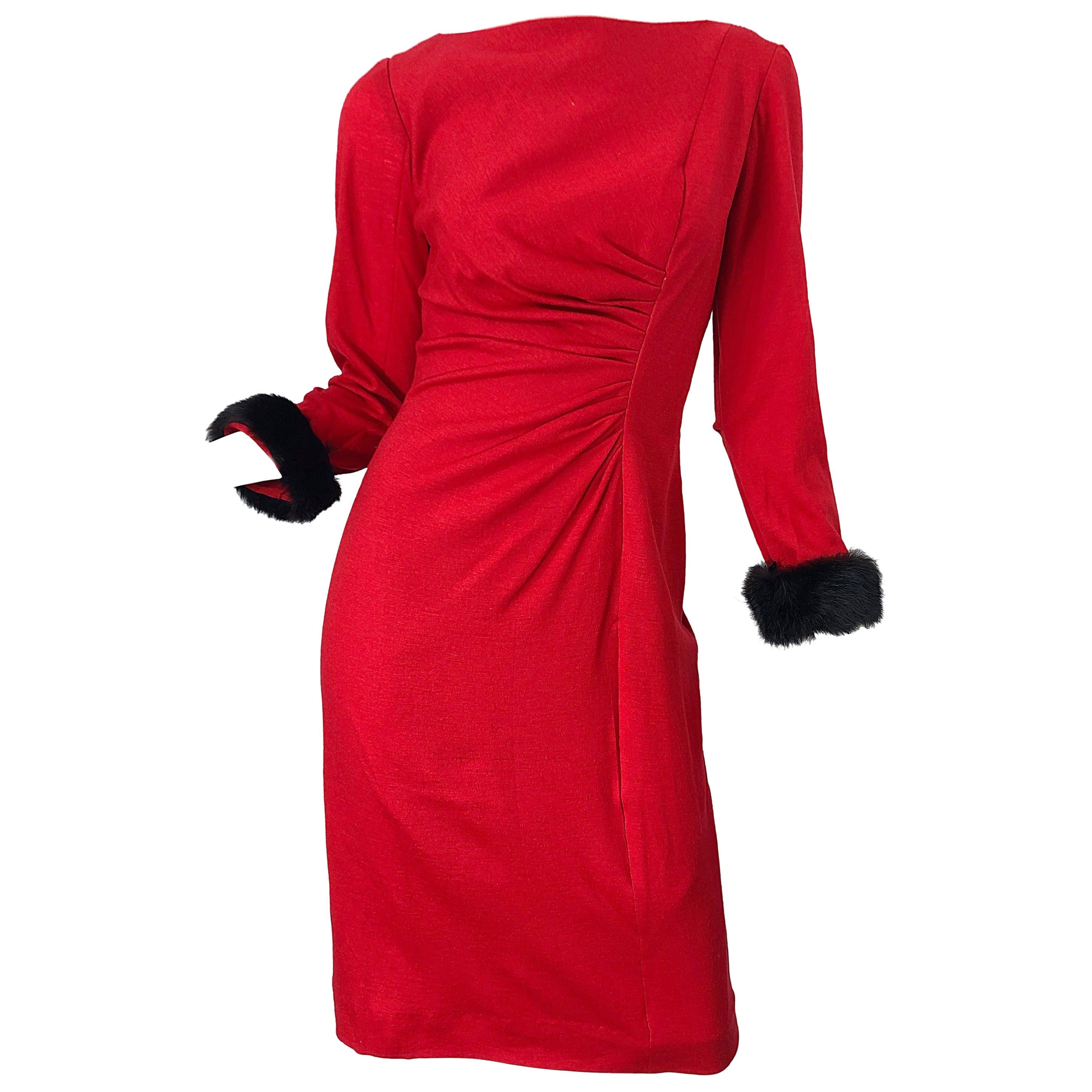 1950s Lipstick Red Wool + Mink Fur Cuffs Vintage 50s Bombshell Long Sleeve Dress