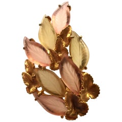Retro 1950s Lisner/Schiaparelli Frosted Glass Antiqued Goldtone Veined Leaf Brooch/Pin