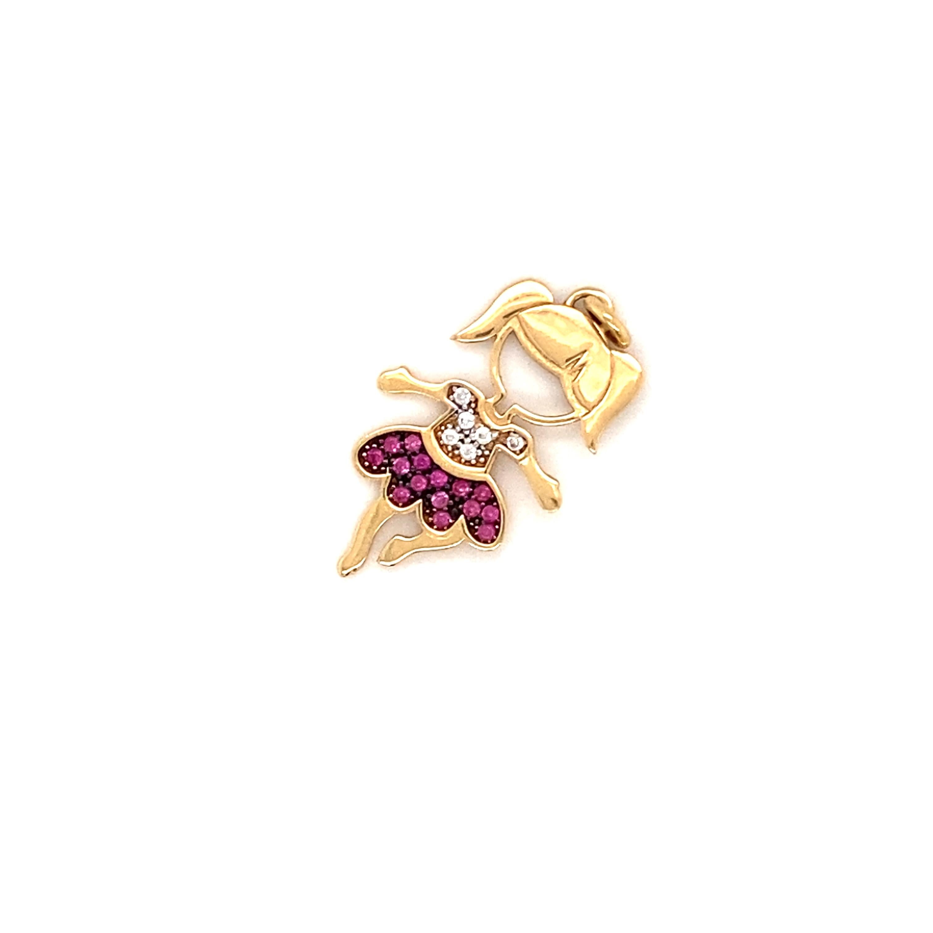 Item Details: 
Metal: 14 Karat Yellow Gold 
Weight: 1.1 grams 
Measurements: 1 inch Length x .5 inches Width

Item Features: 
This beautiful daughter's charm is set in 14 karat yellow gold with white and red cut accent stones. It is adorable and