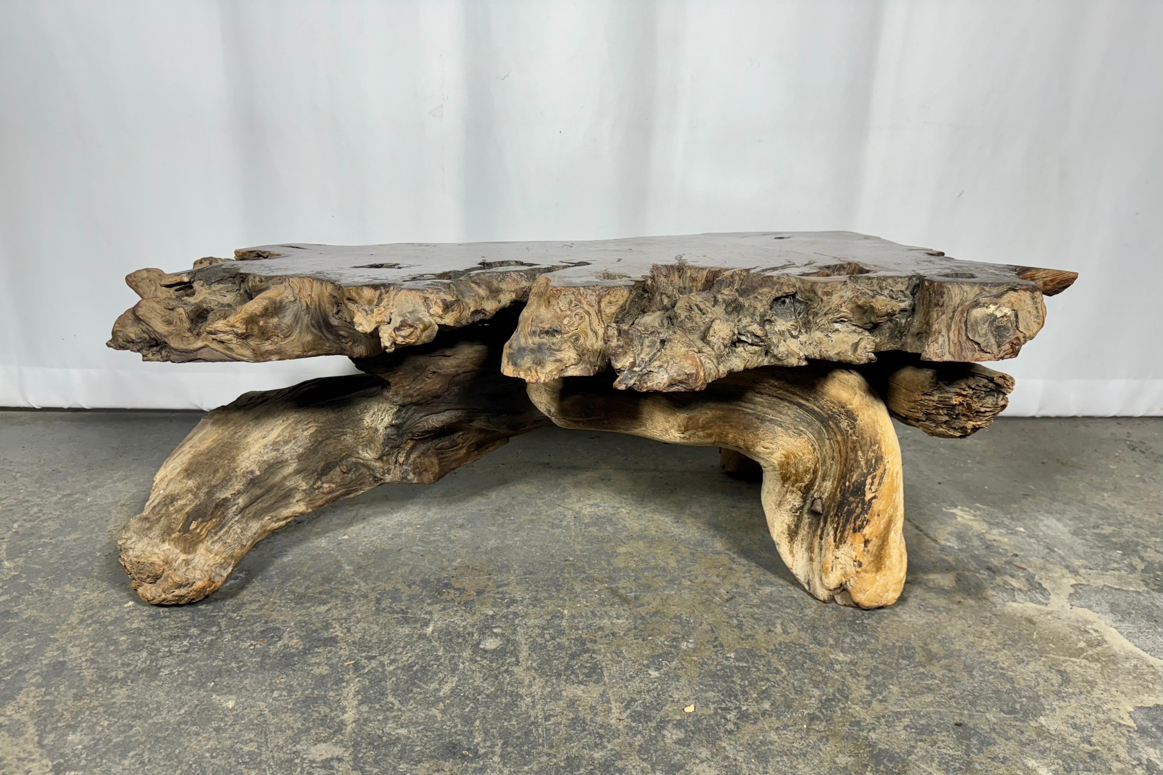 Adirondack 1950s Live Edge Burl Redwood Wood Coffee Table / adirondak / rustic For Sale