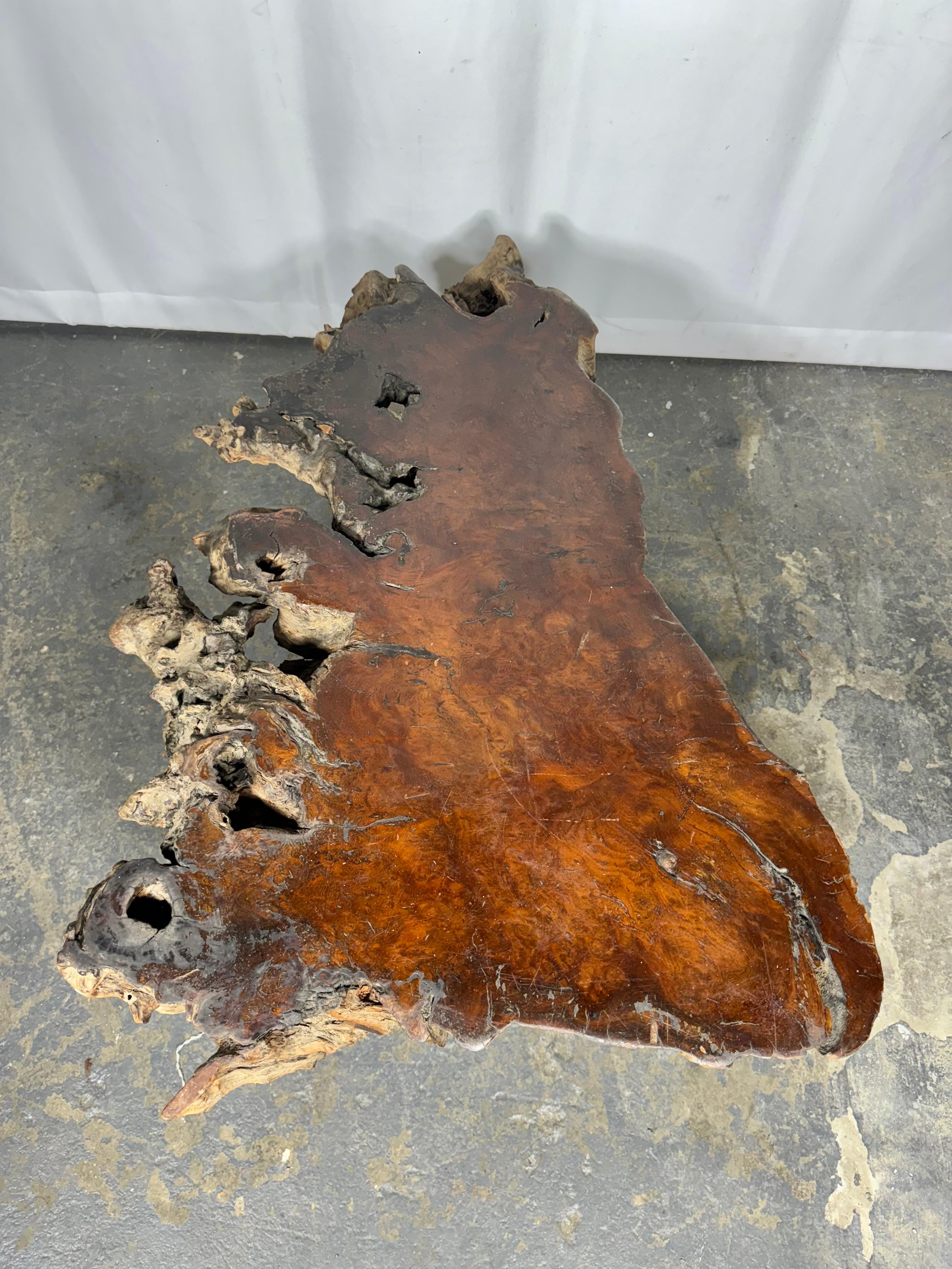 1950s Live Edge Burl Redwood Wood Coffee Table / adirondak / rustic In Distressed Condition For Sale In Buffalo, NY