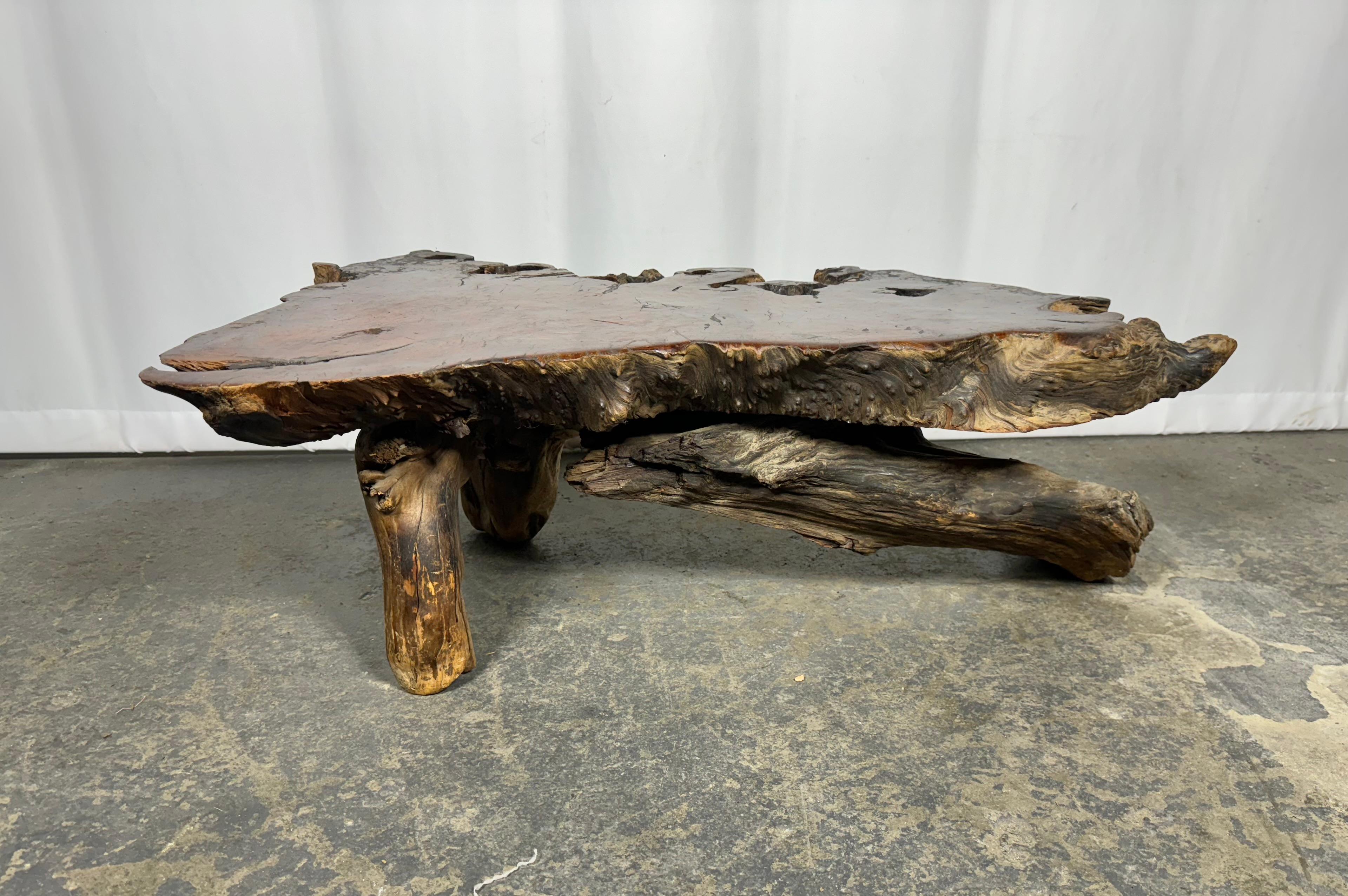 1950s Live Edge Burl Redwood Wood Coffee Table / adirondak / rustic For Sale 2
