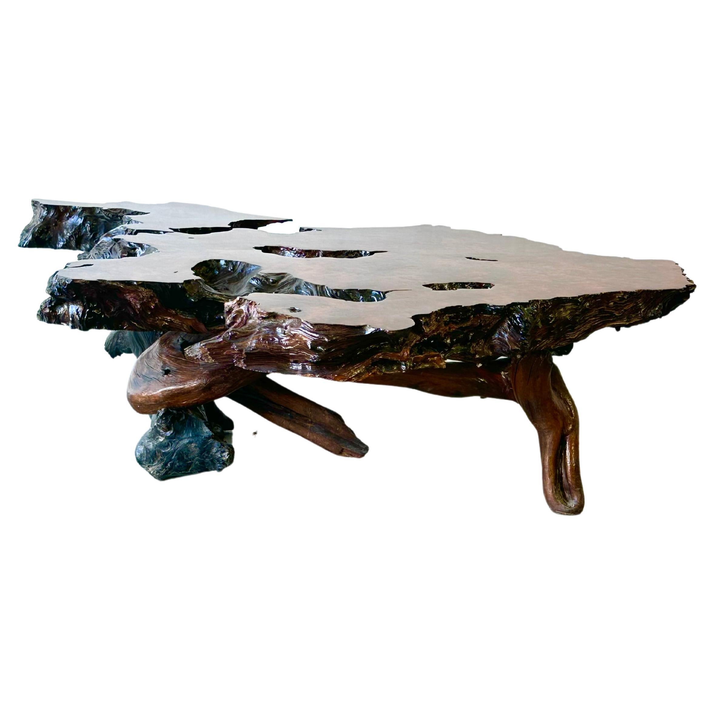 Table basse en bois de ronce de séquoia des années 1950