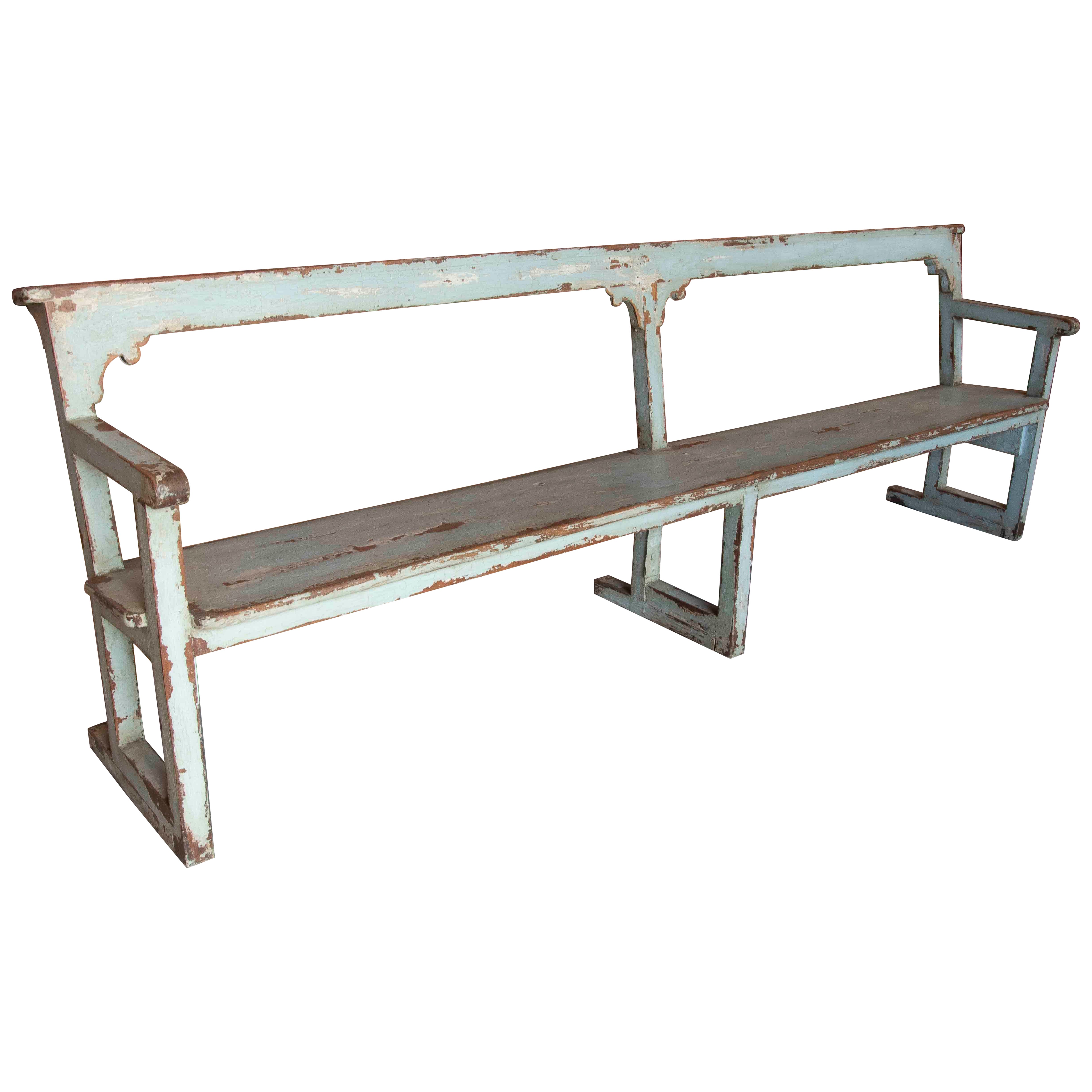 1950s Long Antique Wooden Bench Painted with Original Patina