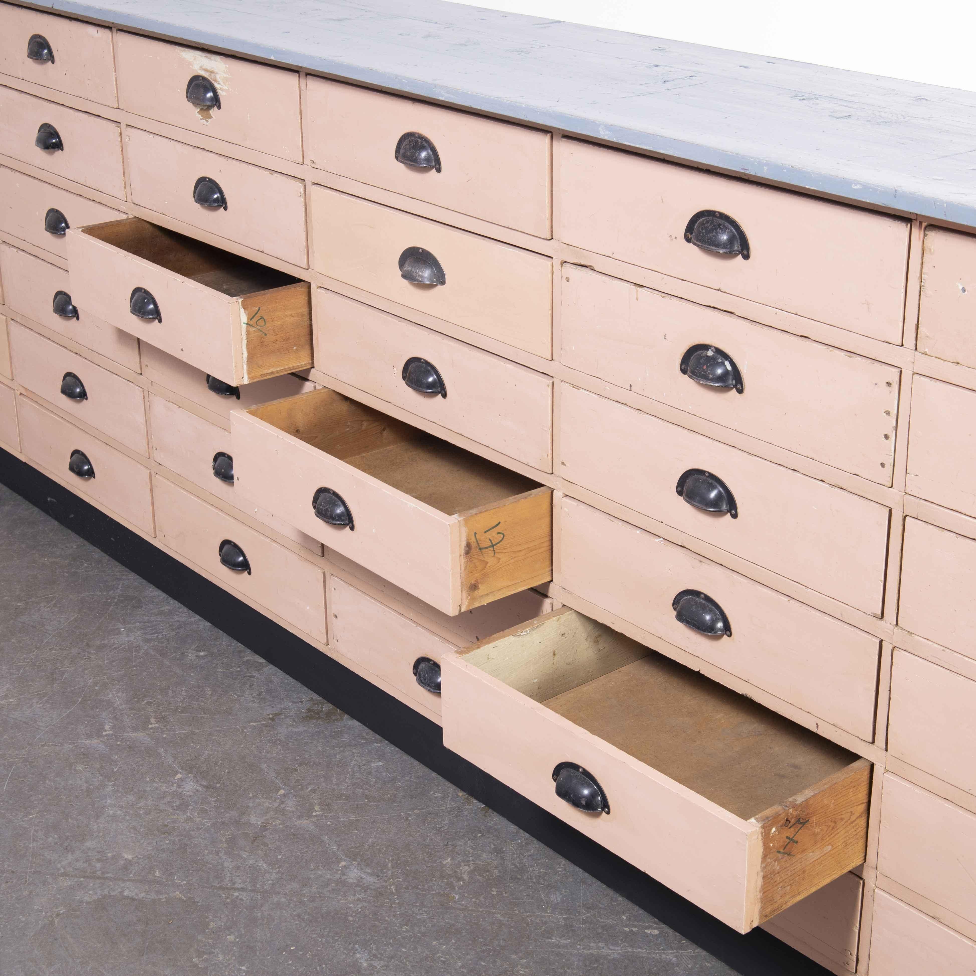 1950’s long French workshop bank of drawers – Thirty six drawers

1950’s long French art college bank of drawers – Thirty six drawers. Sourced from an art college in southern France, this is a stunning long well proportioned bank of drawers in the
