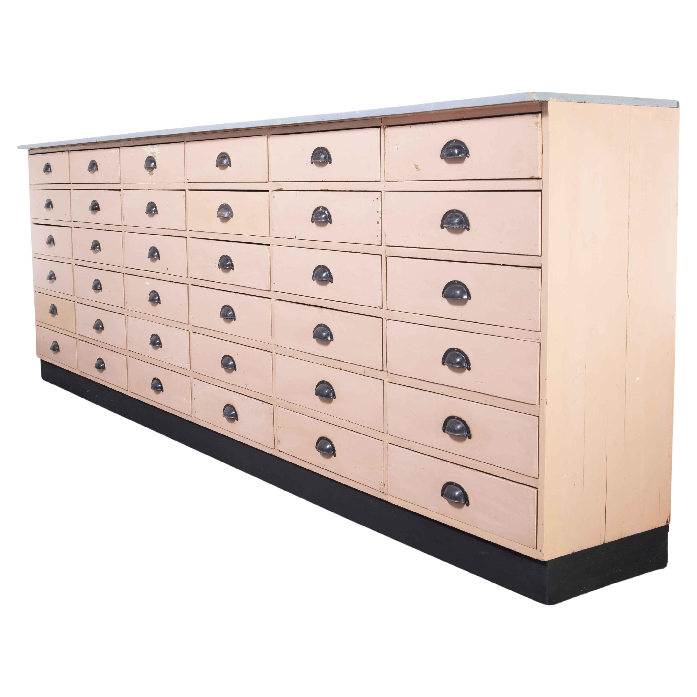 1950's Long French Workshop Bank of Drawers, Thirty Six Drawers For Sale