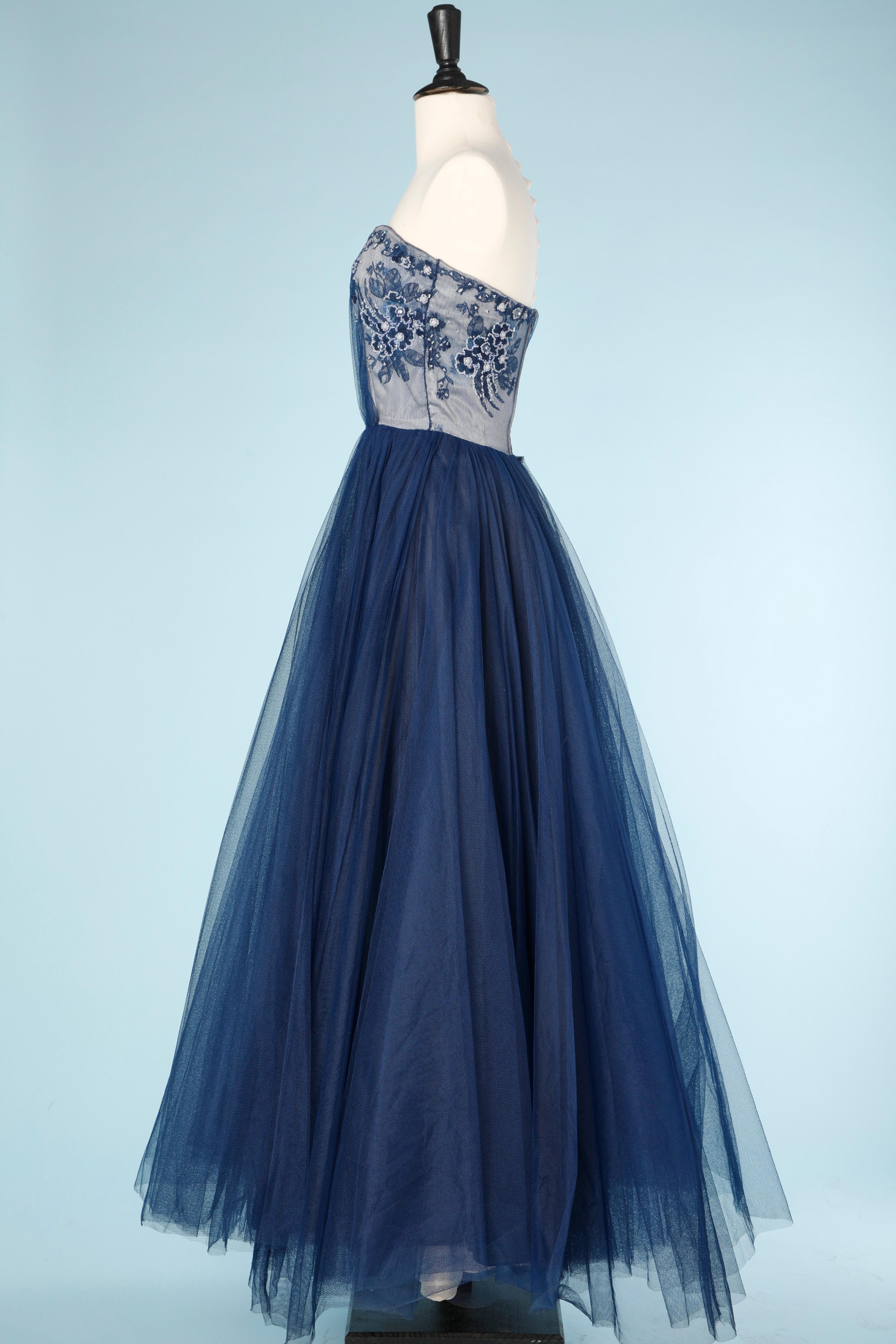 Blue 1950's long  navy blue embroidered evening ball gown  in tulle  For Sale