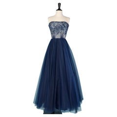 1950's long  navy blue embroidered evening ball gown  in tulle 